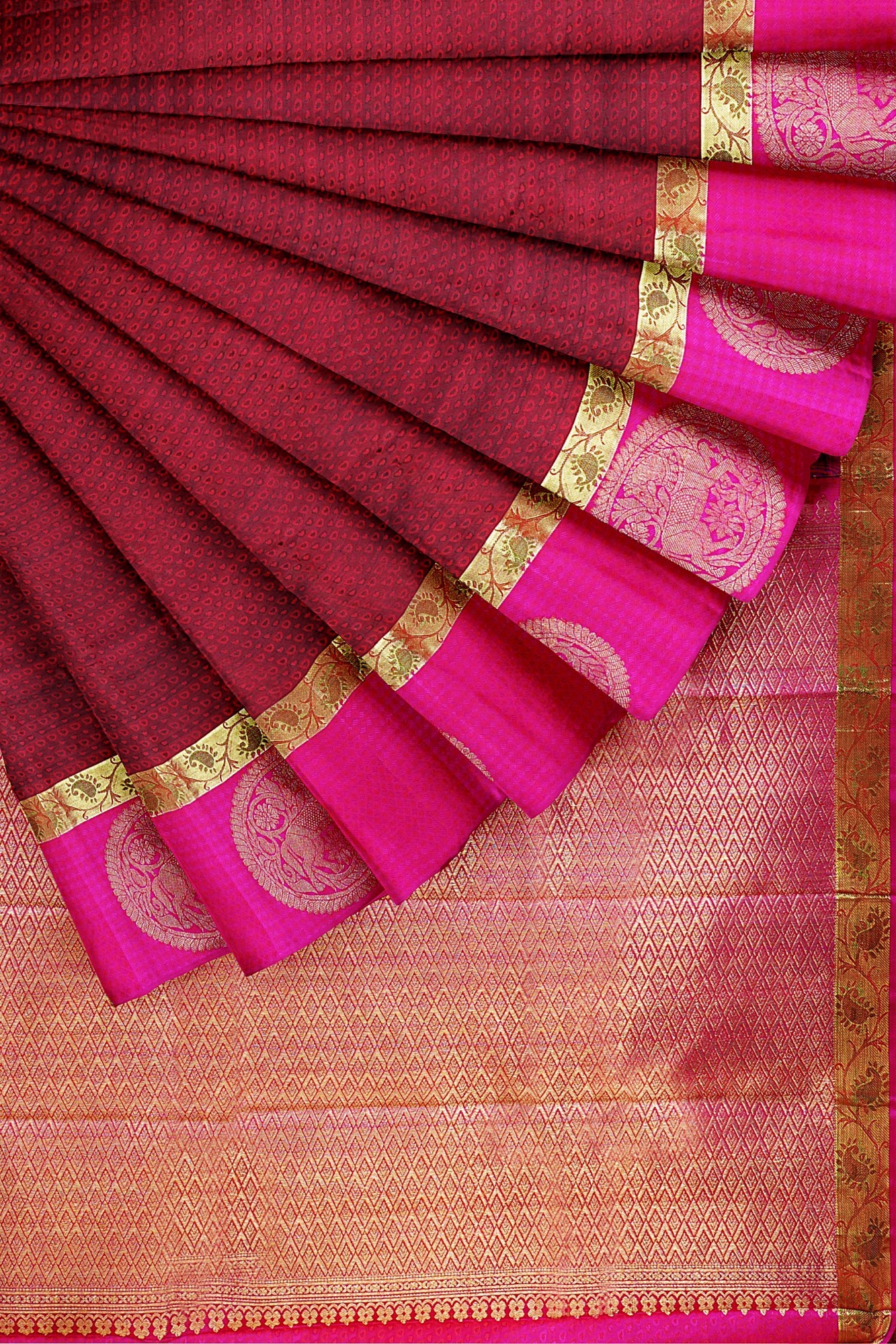 sri kumaran stores kanchipuram silk saree maroon saree with pink border 4