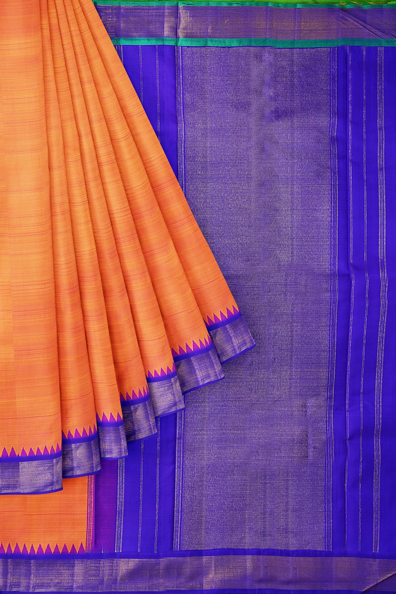 sri kumaran stores kanchipuram silk saree orange saree with golden blue border 1