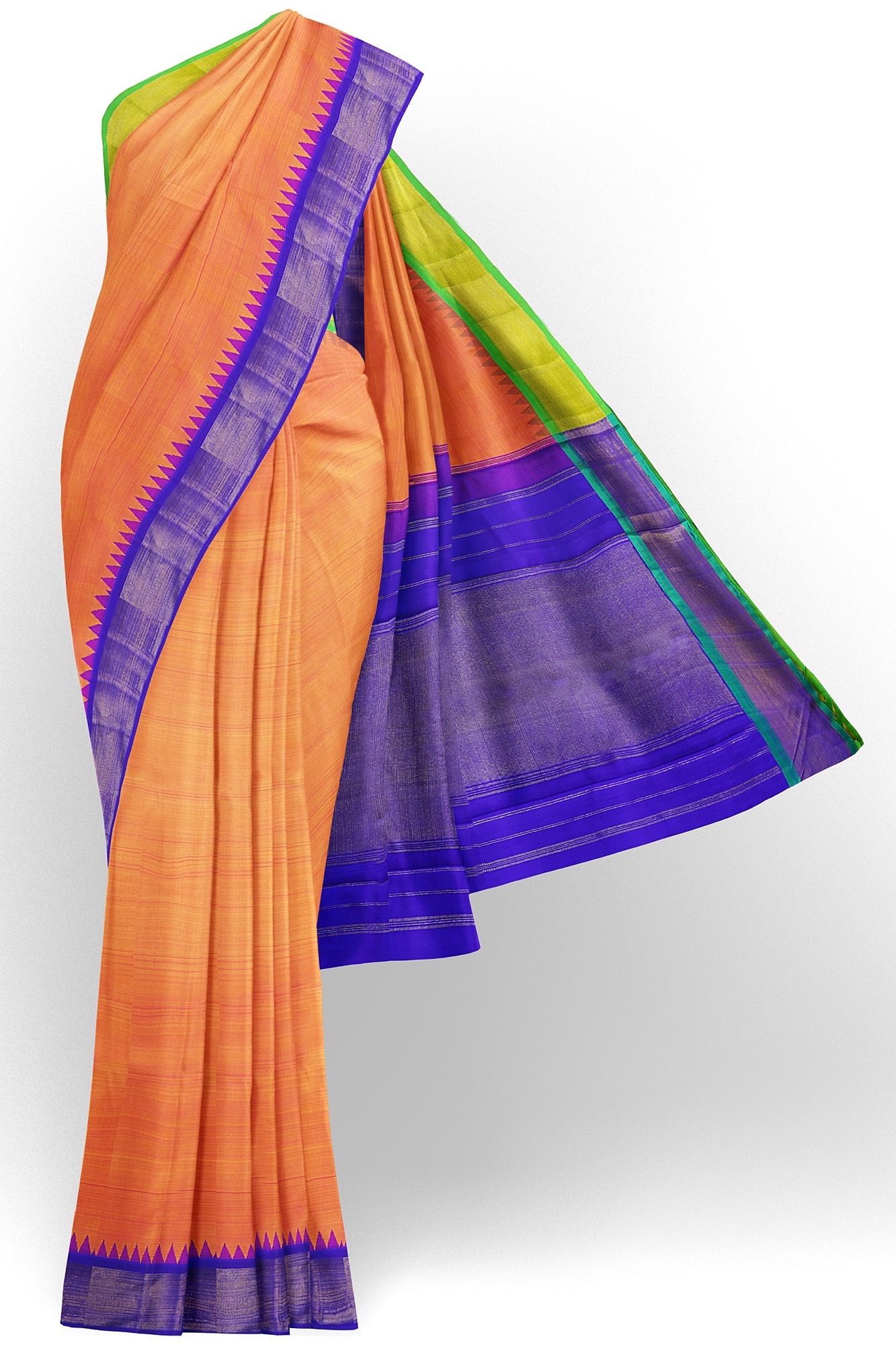 sri kumaran stores kanchipuram silk saree orange saree with golden blue border 2