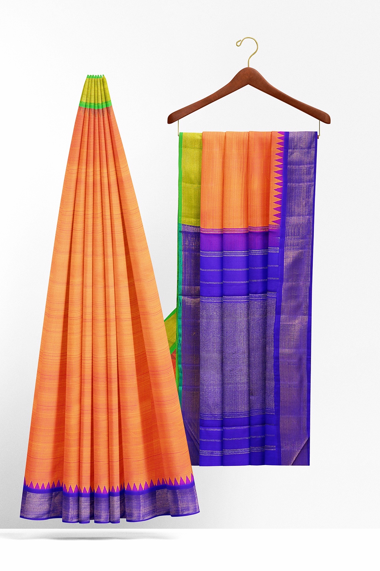 sri kumaran stores kanchipuram silk saree orange saree with golden blue border 3