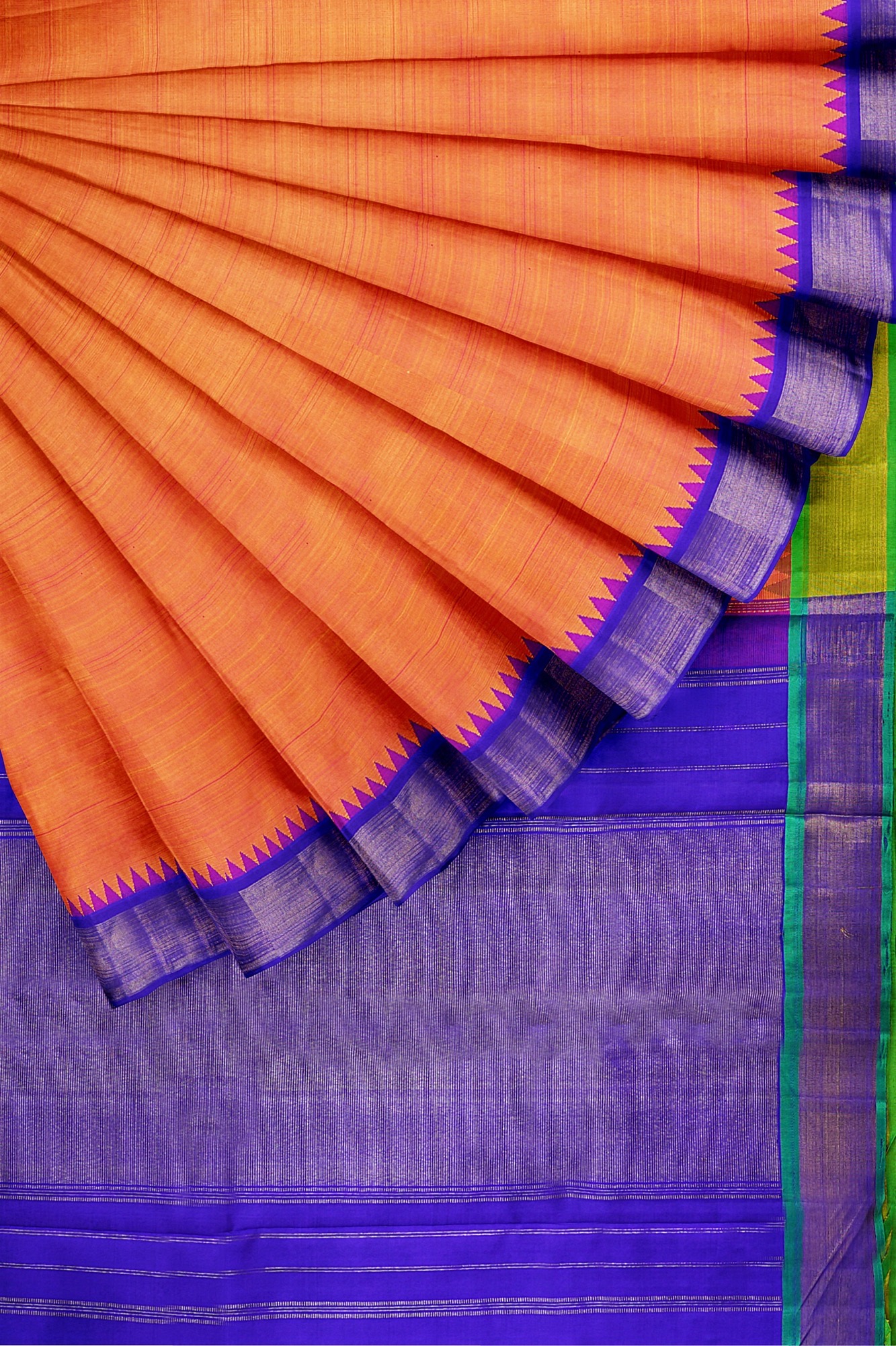 sri kumaran stores kanchipuram silk saree orange saree with golden blue border 4
