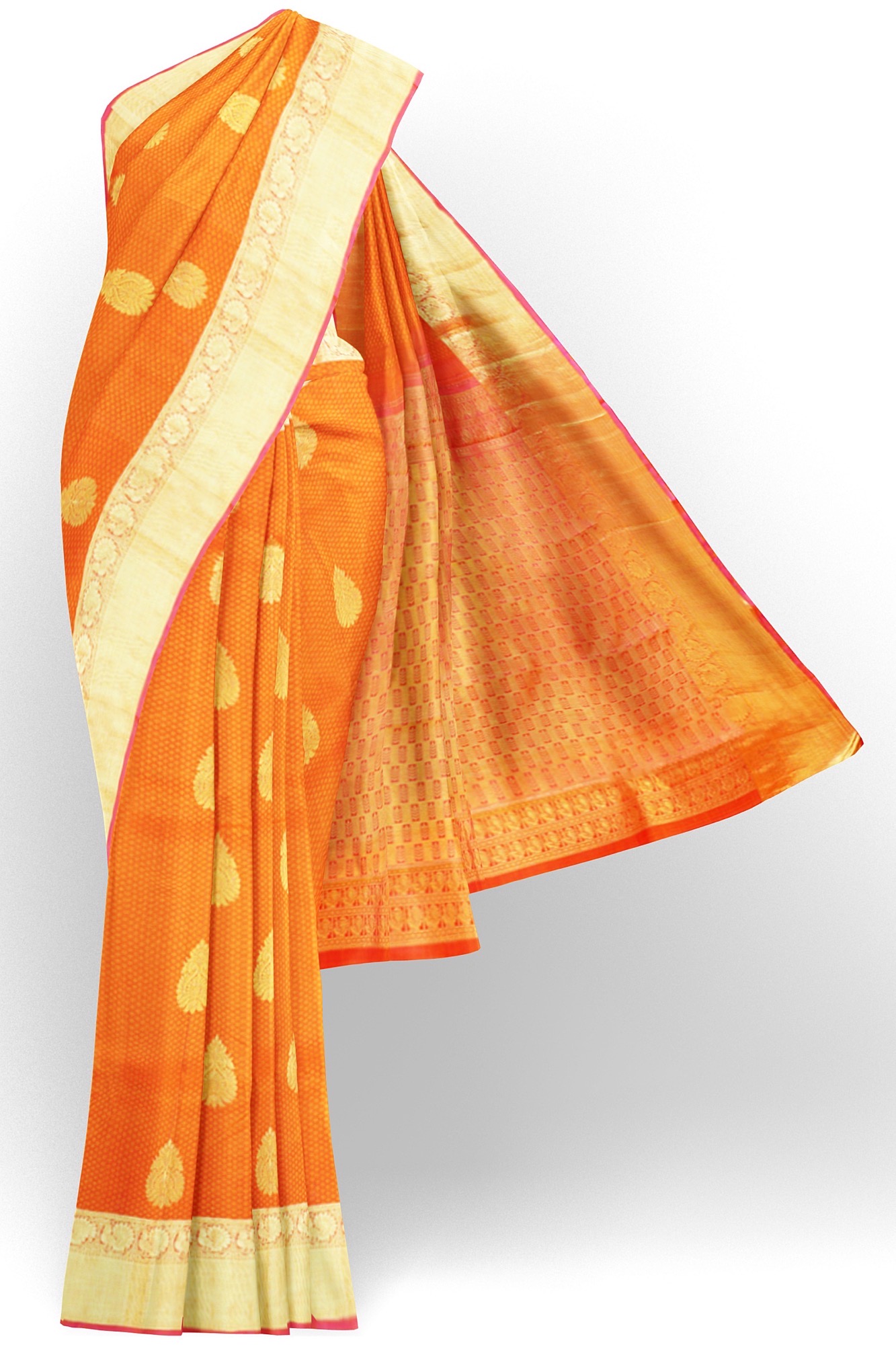 sri kumaran stores kanchipuram silk saree orange saree with golden border 2