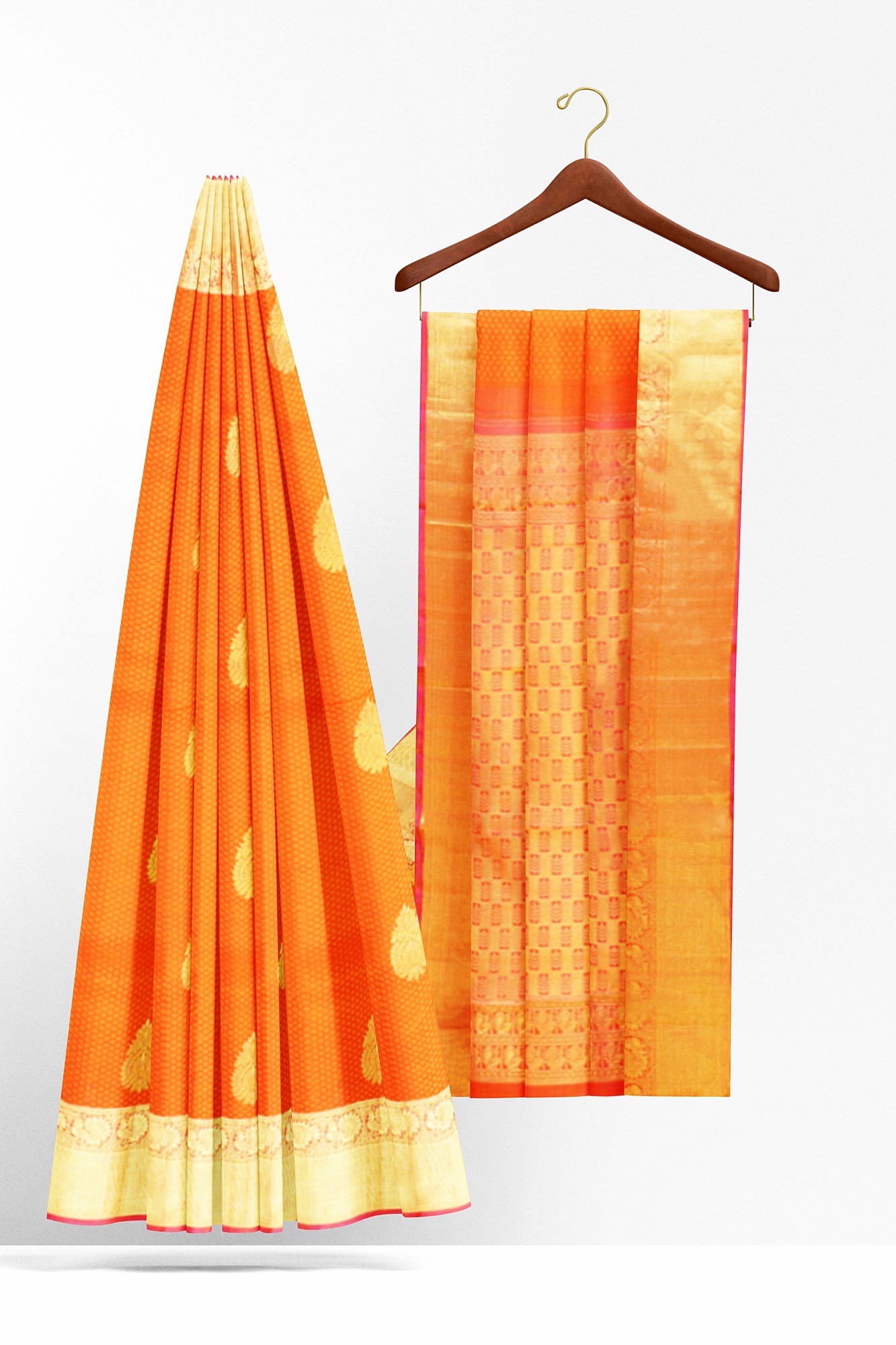 sri kumaran stores kanchipuram silk saree orange saree with golden border 3