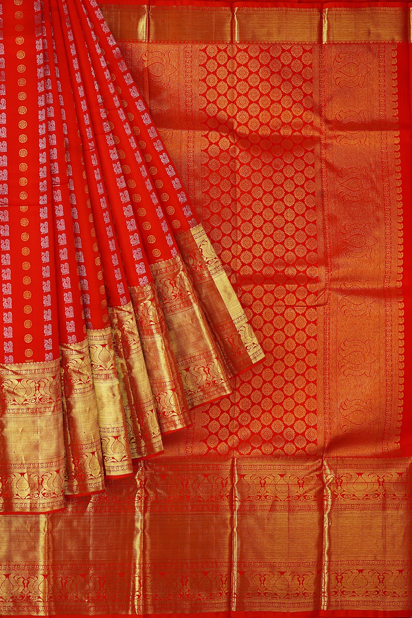sri kumaran stores kanchipuram silk saree orange saree with golden border 1 1