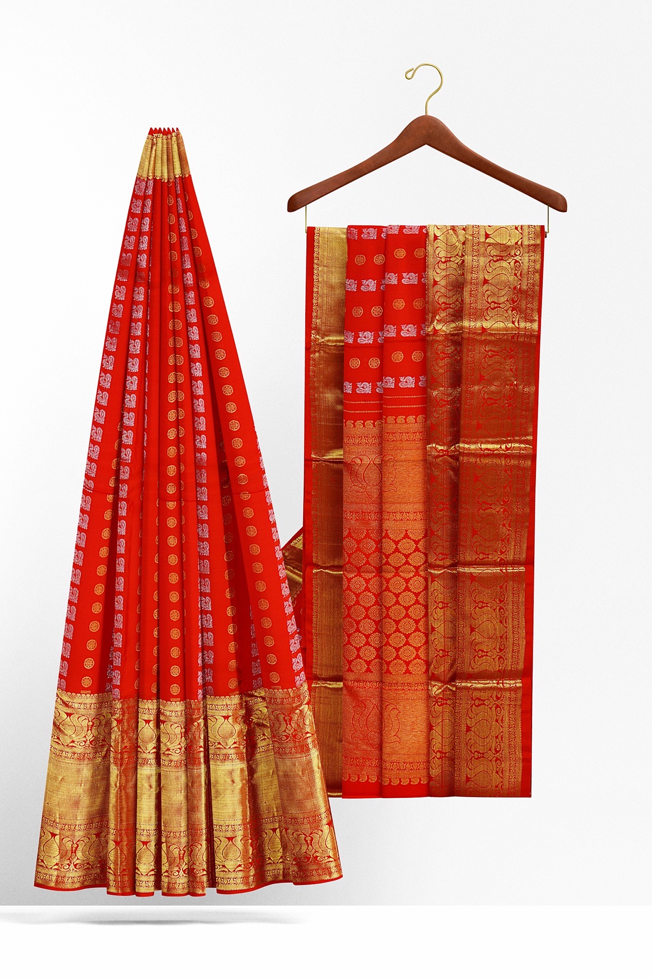 sri kumaran stores kanchipuram silk saree orange saree with golden border 1 3