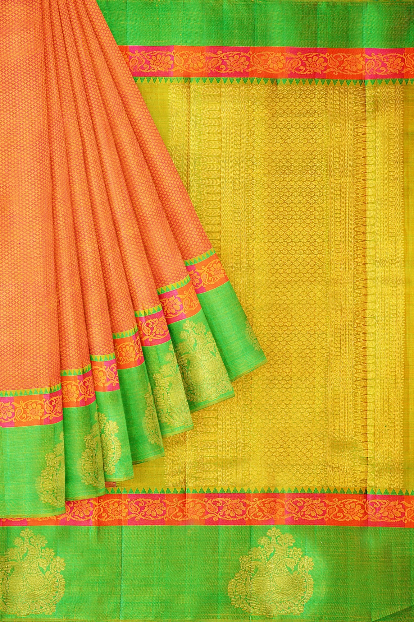sri kumaran stores kanchipuram silk saree orange saree with green border 1