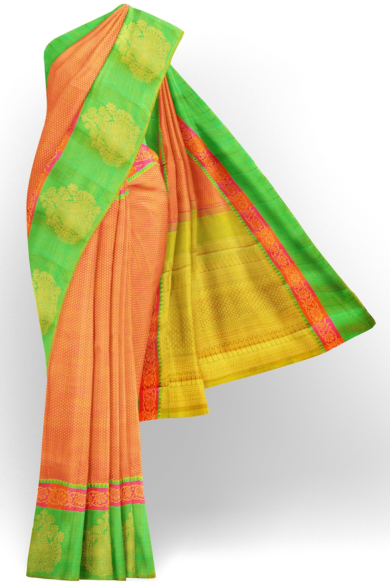 sri kumaran stores kanchipuram silk saree orange saree with green border 2