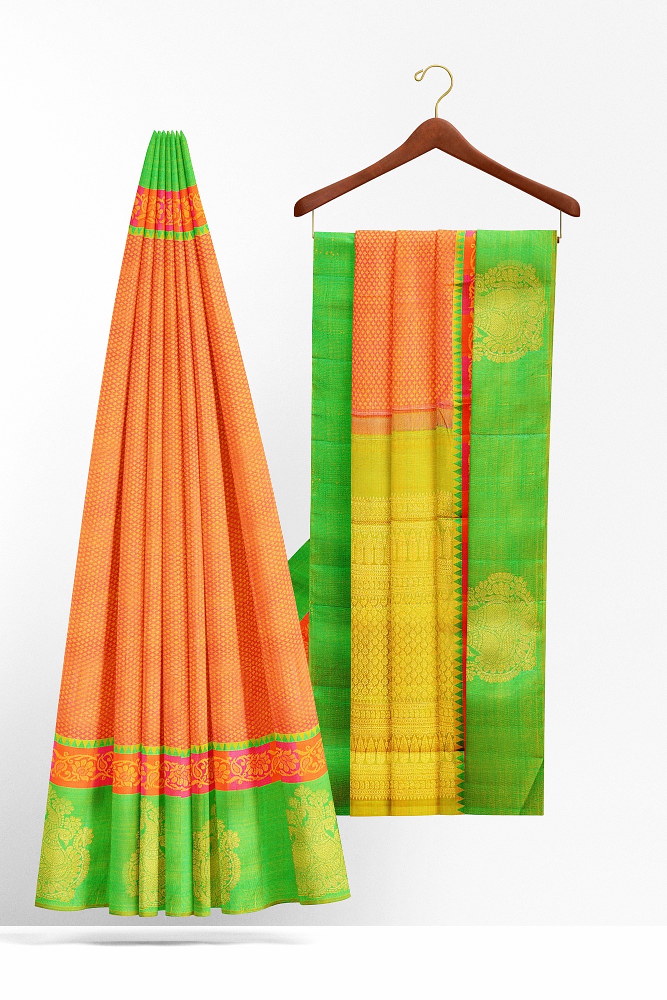 sri kumaran stores kanchipuram silk saree orange saree with green border 3