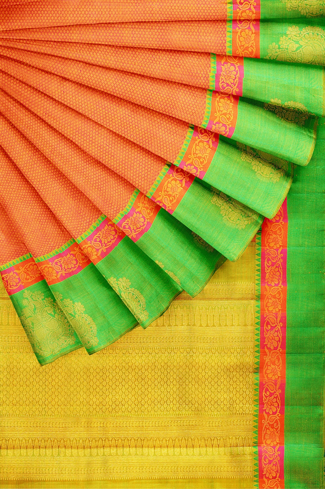 sri kumaran stores kanchipuram silk saree orange saree with green border 4