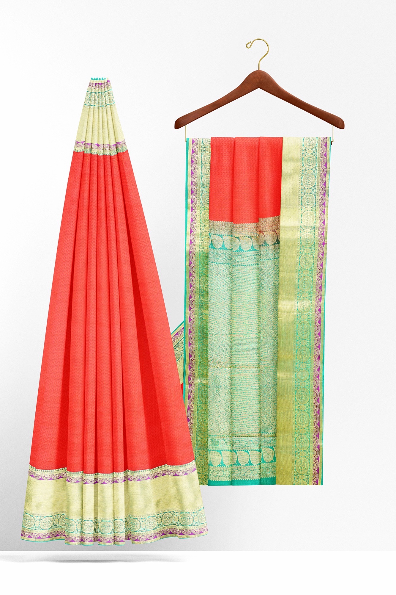 sri kumaran stores kanchipuram silk saree orange saree with light green border 2 3