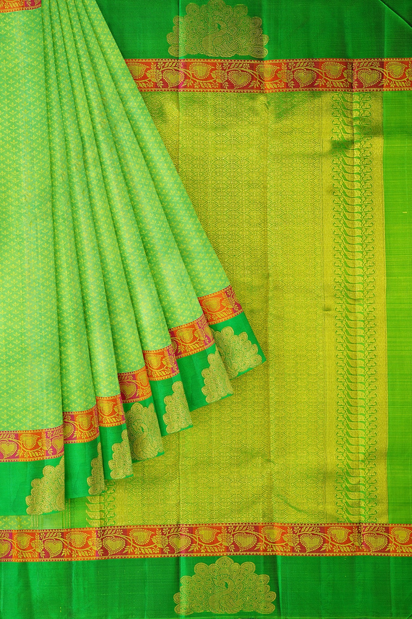 sri kumaran stores kanchipuram silk saree parrot green saree with green border 1