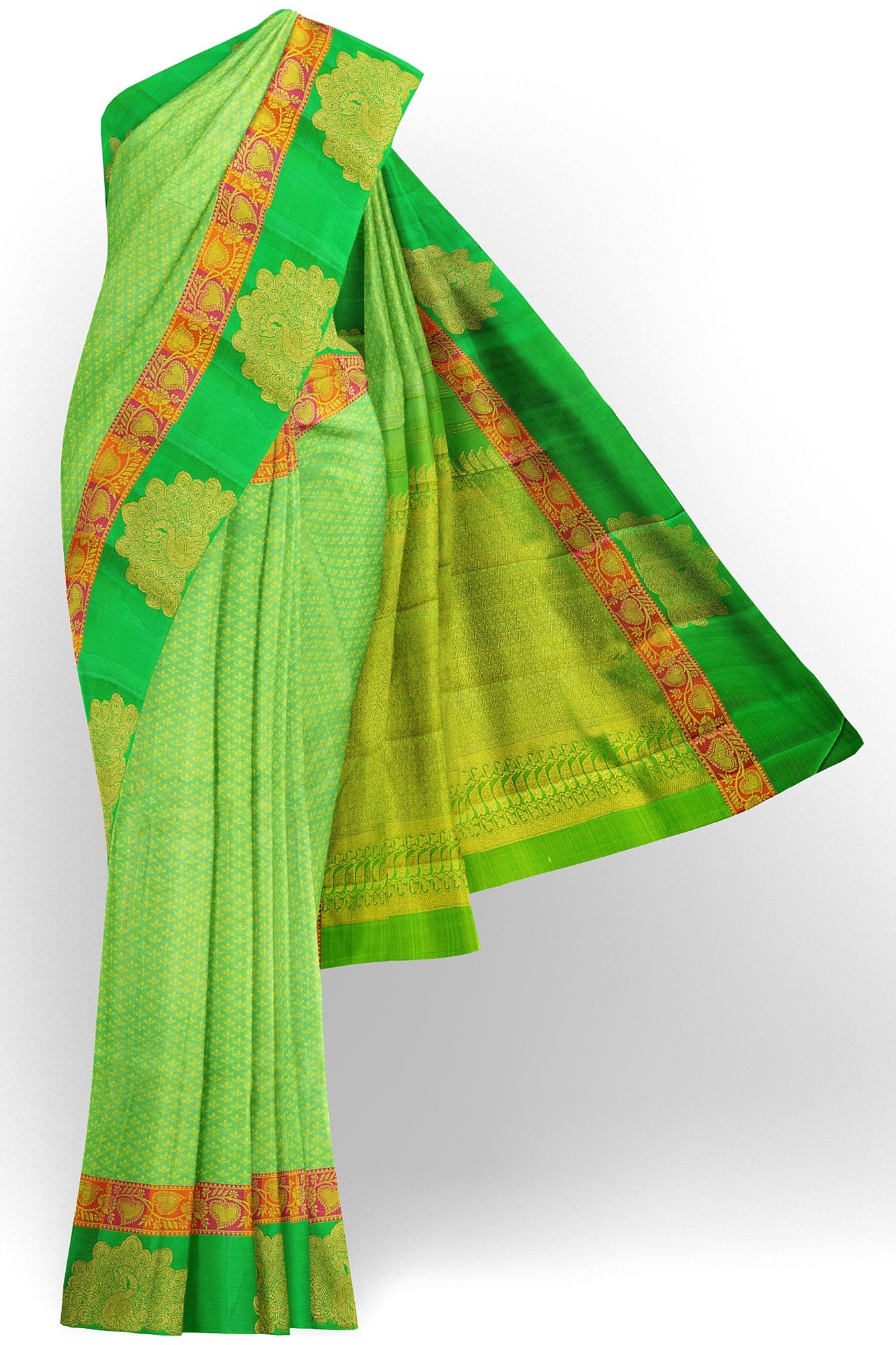 sri kumaran stores kanchipuram silk saree parrot green saree with green border 2