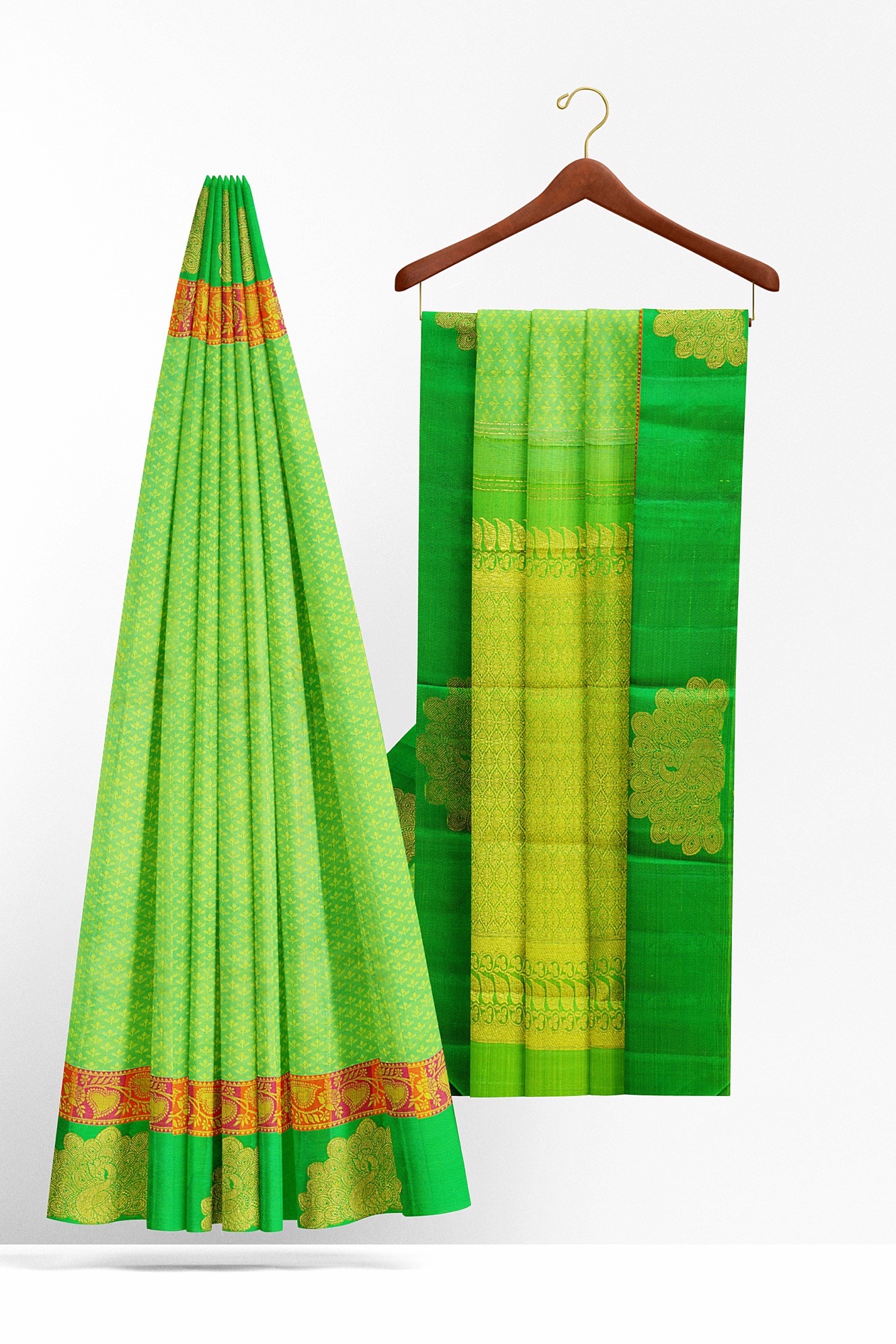 sri kumaran stores kanchipuram silk saree parrot green saree with green border 3