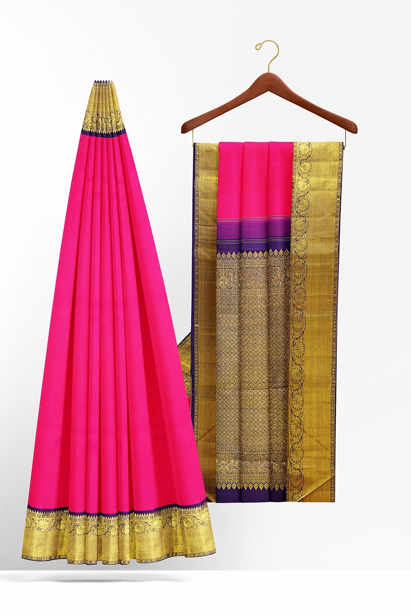 sri kumaran stores kanchipuram silk saree pink saree with golden dark blue border 3