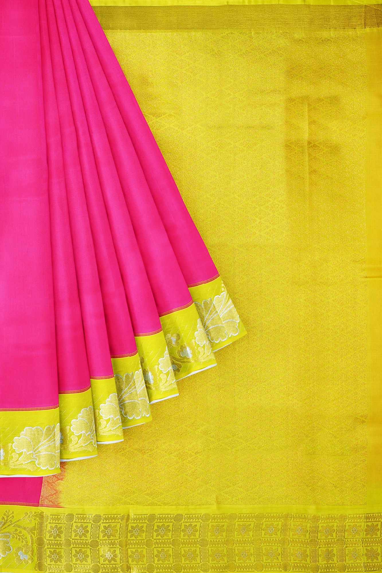 sri kumaran stores kanchipuram silk saree pink saree with golden yellow border 1