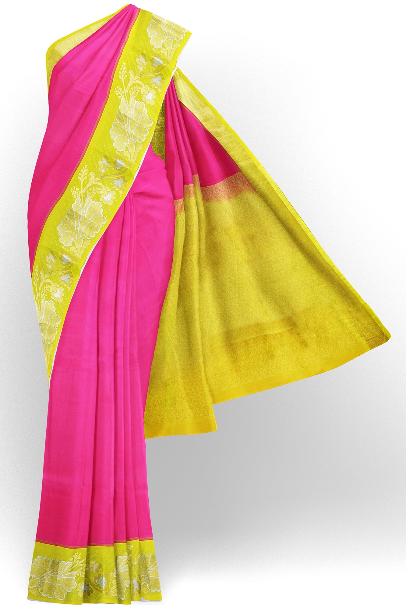 sri kumaran stores kanchipuram silk saree pink saree with golden yellow border 2