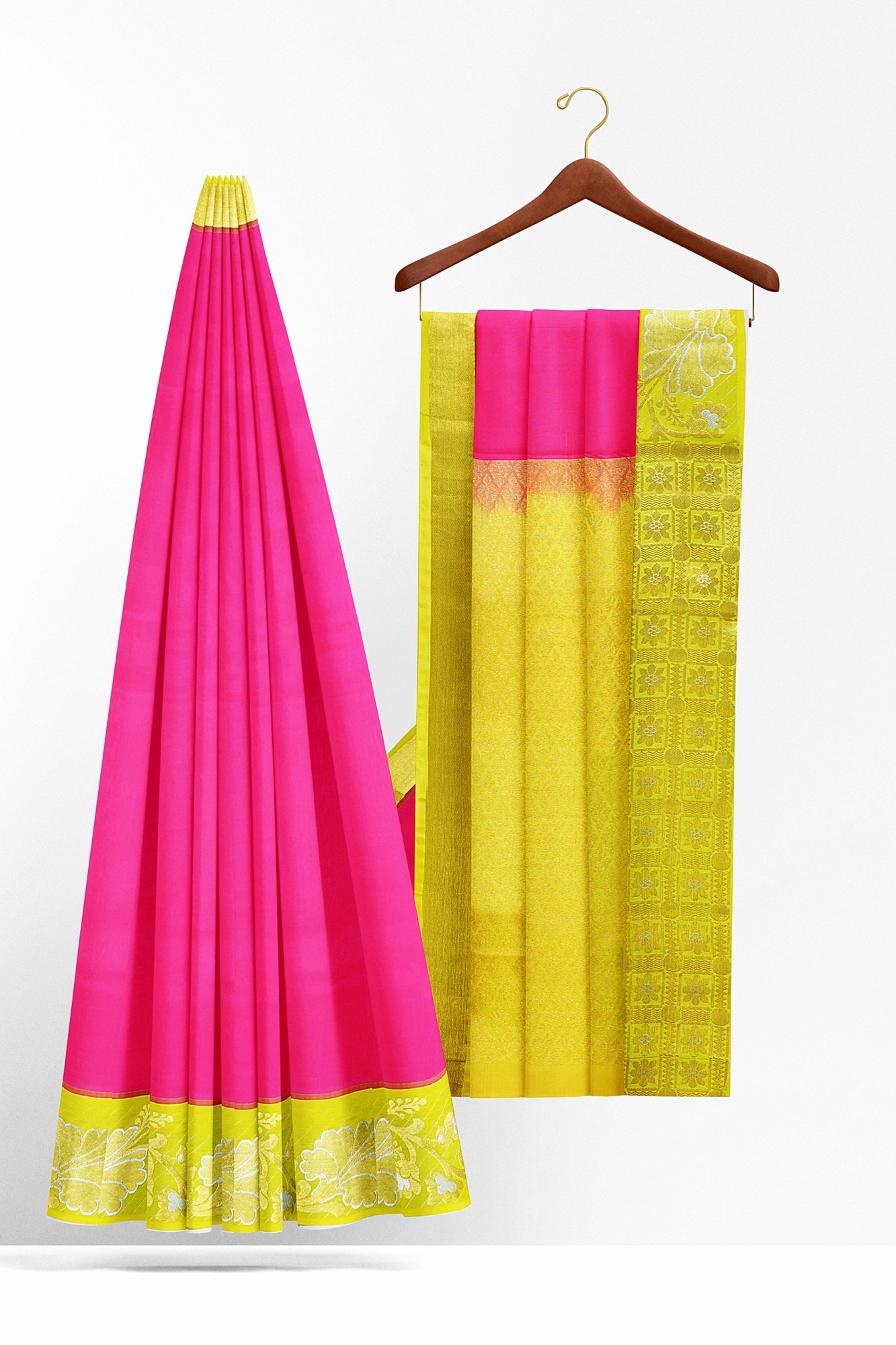 sri kumaran stores kanchipuram silk saree pink saree with golden yellow border 3