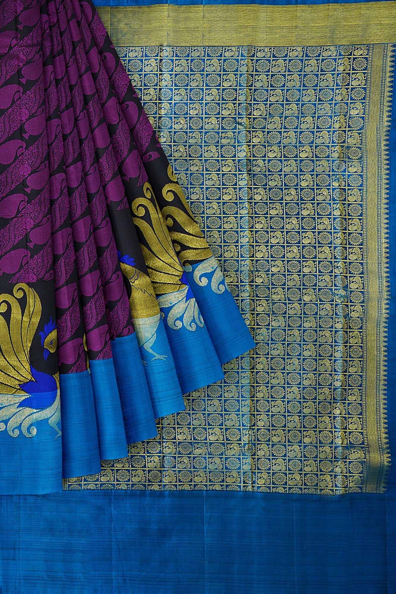 sri kumaran stores kanchipuram silk saree purple saree with sky blue border 1