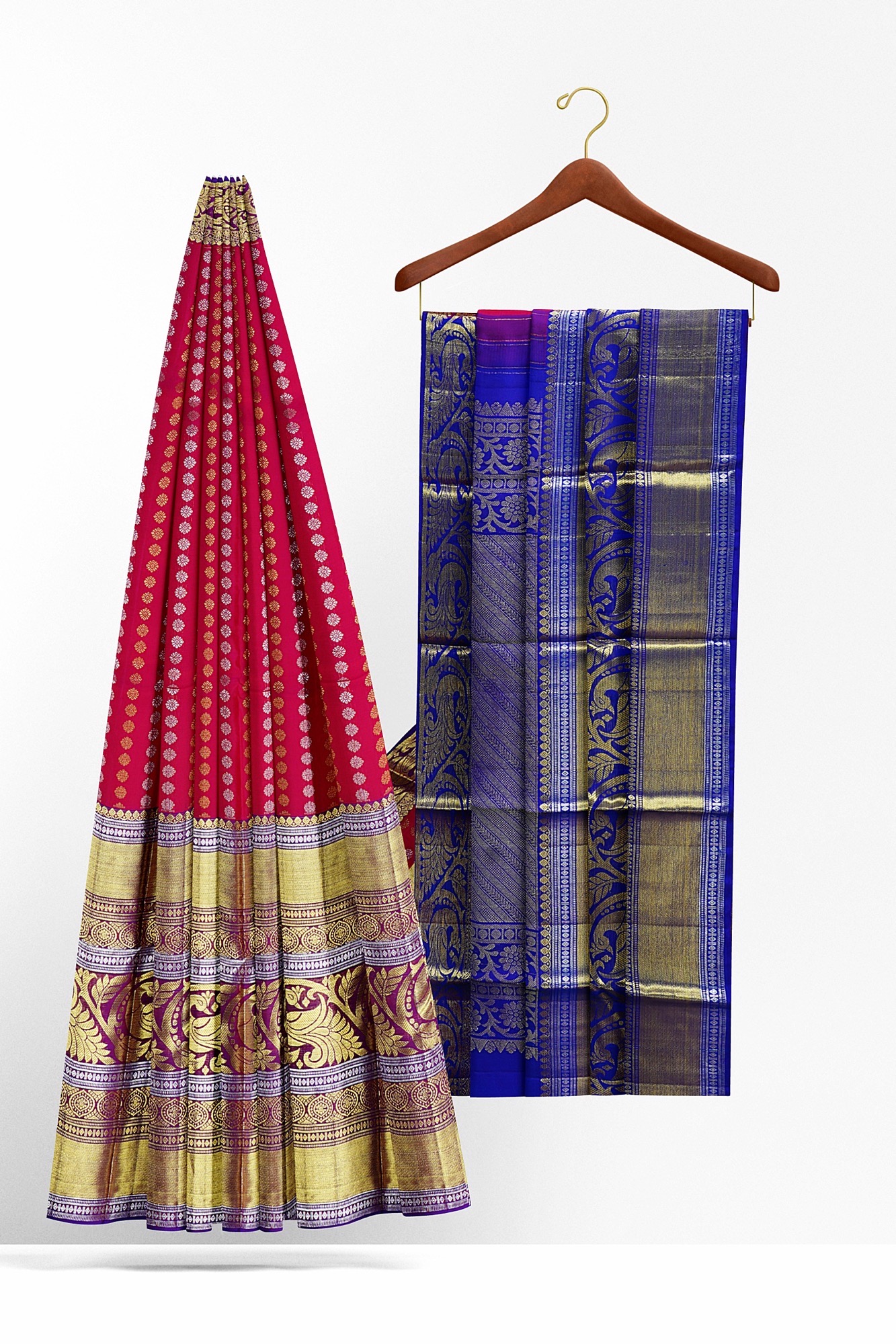 sri kumaran stores kanchipuram silk saree red saree with golden blue border 3