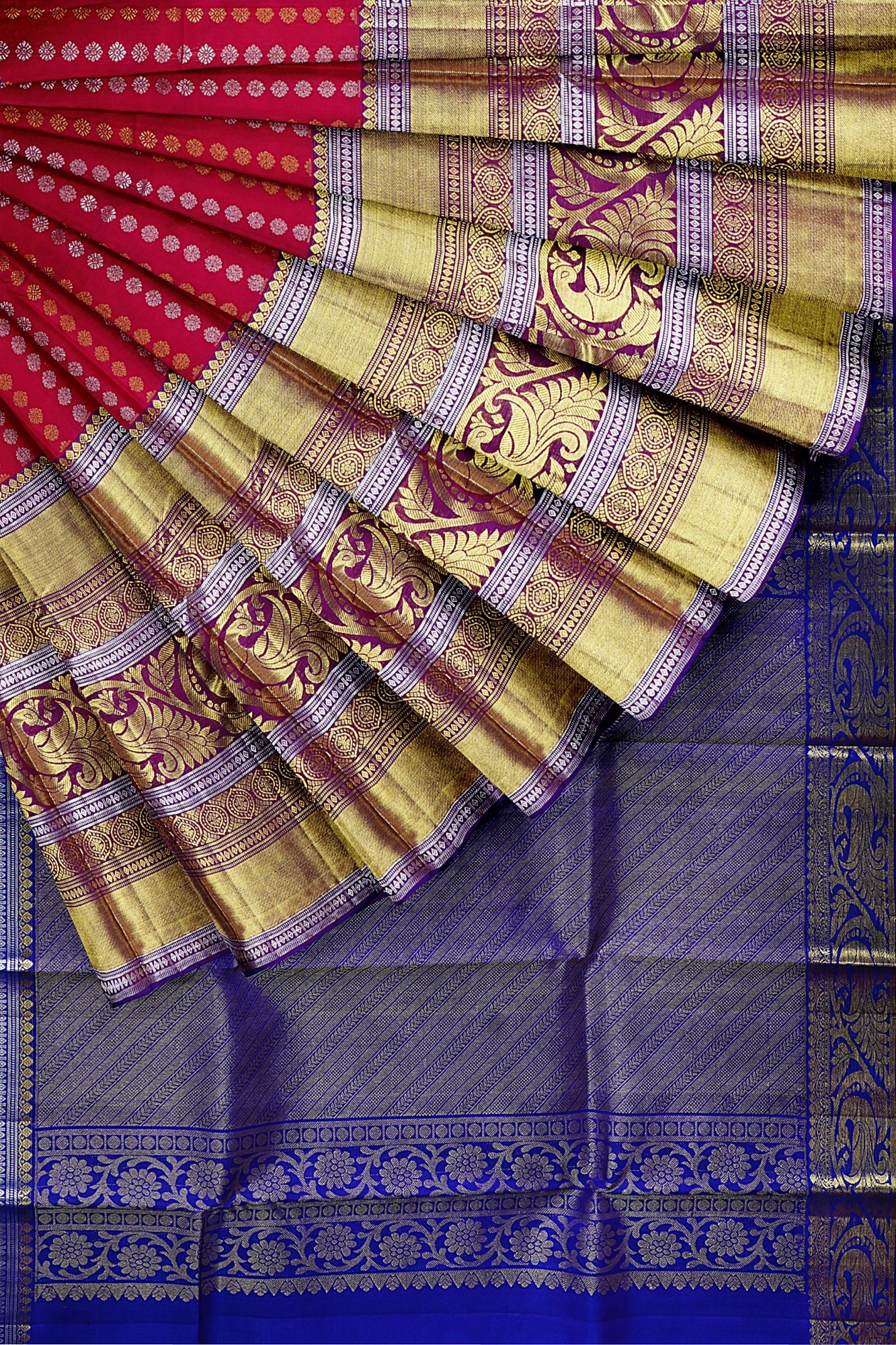 sri kumaran stores kanchipuram silk saree red saree with golden blue border 4