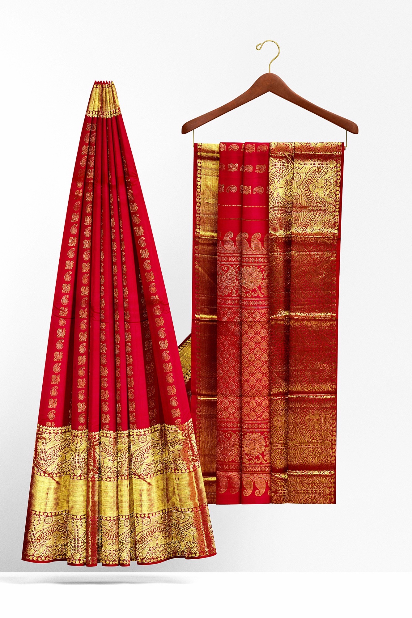 sri kumaran stores kanchipuram silk saree red saree with golden border 1 3