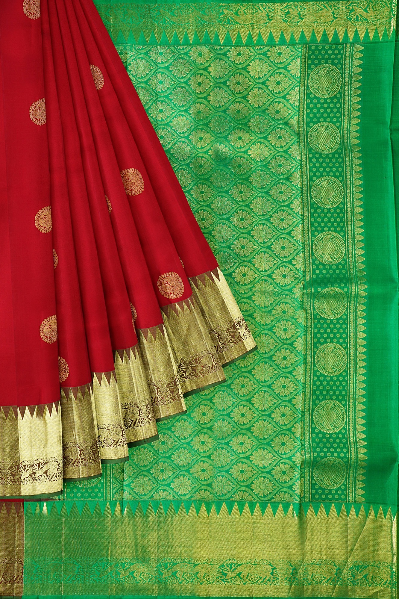 sri kumaran stores kanchipuram silk saree red saree with golden green border 1