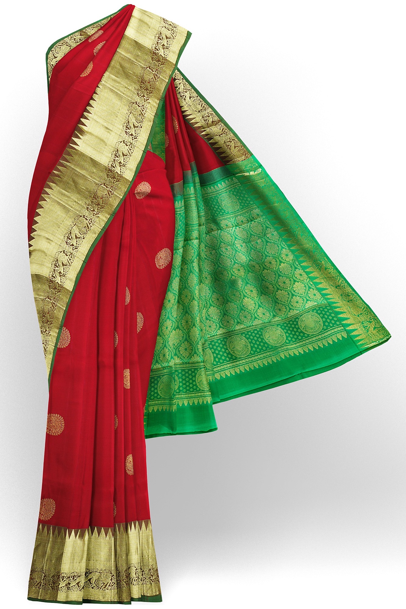 sri kumaran stores kanchipuram silk saree red saree with golden green border 2