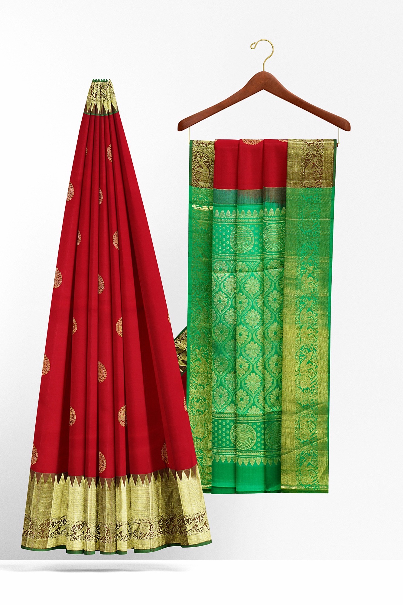 sri kumaran stores kanchipuram silk saree red saree with golden green border 3