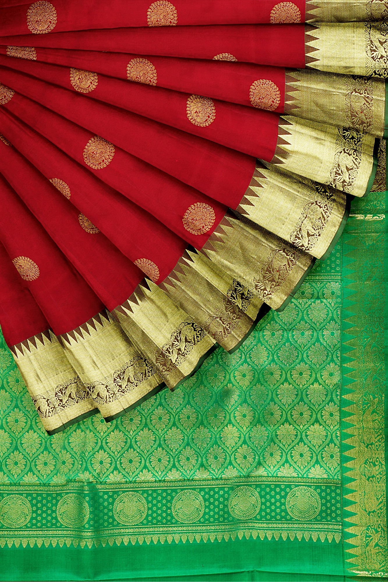 sri kumaran stores kanchipuram silk saree red saree with golden green border 4