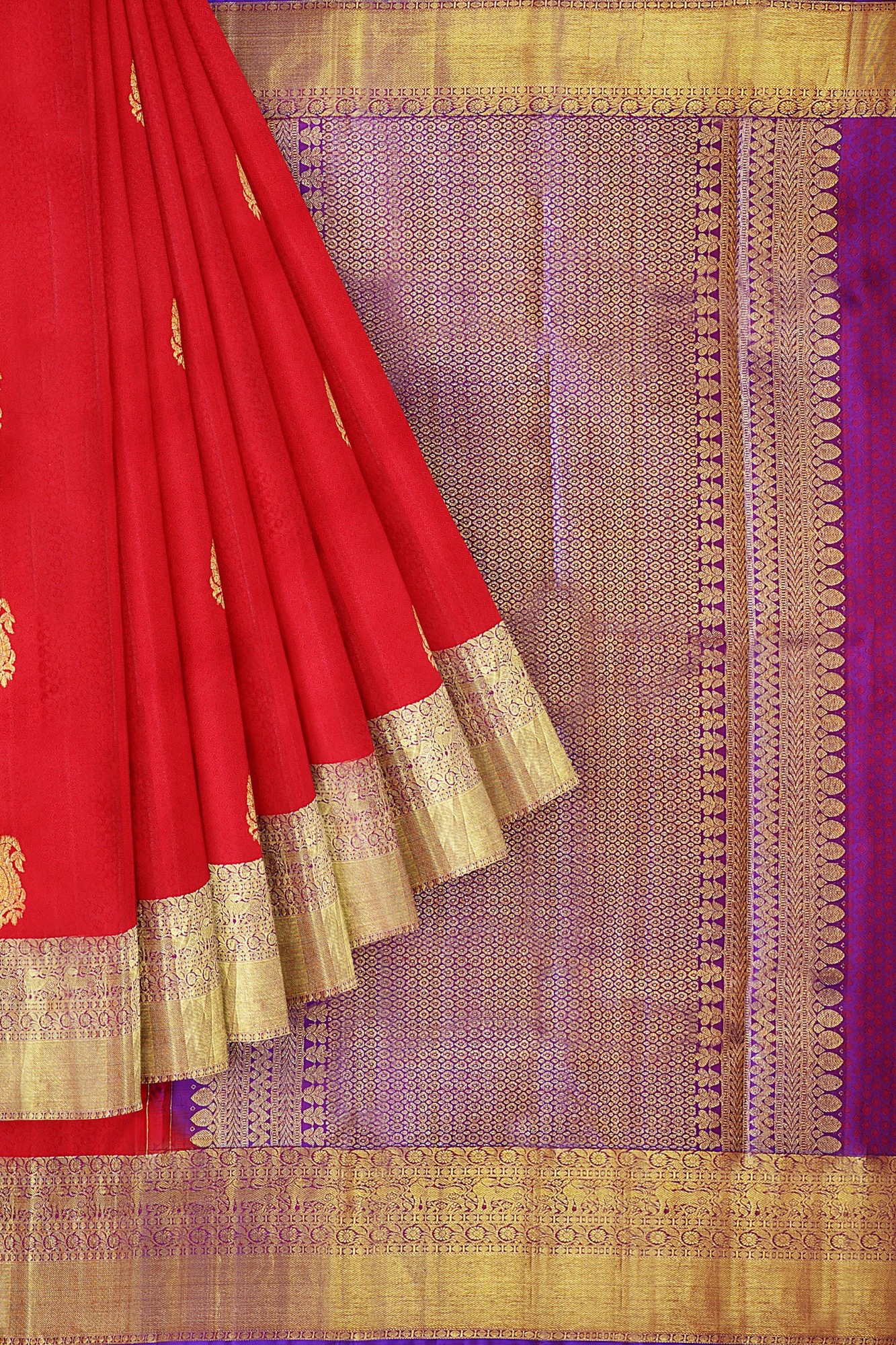 sri kumaran stores kanchipuram silk saree red saree with golden purple border 1