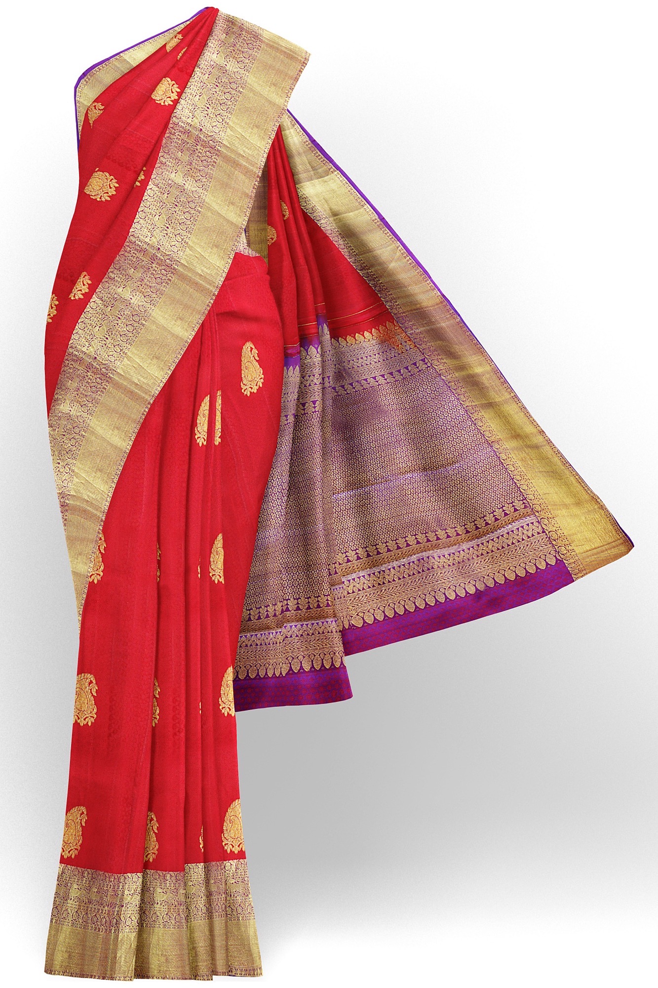 sri kumaran stores kanchipuram silk saree red saree with golden purple border 2