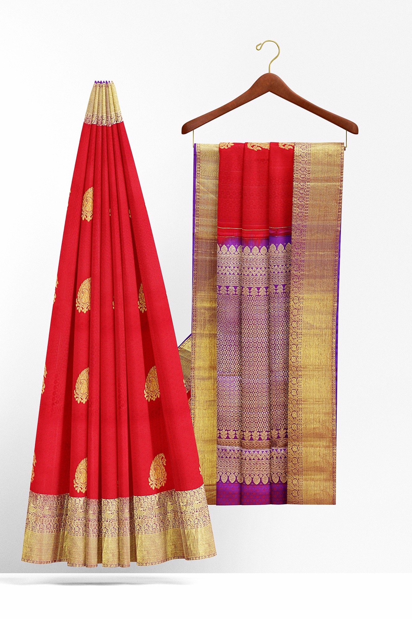 sri kumaran stores kanchipuram silk saree red saree with golden purple border 3