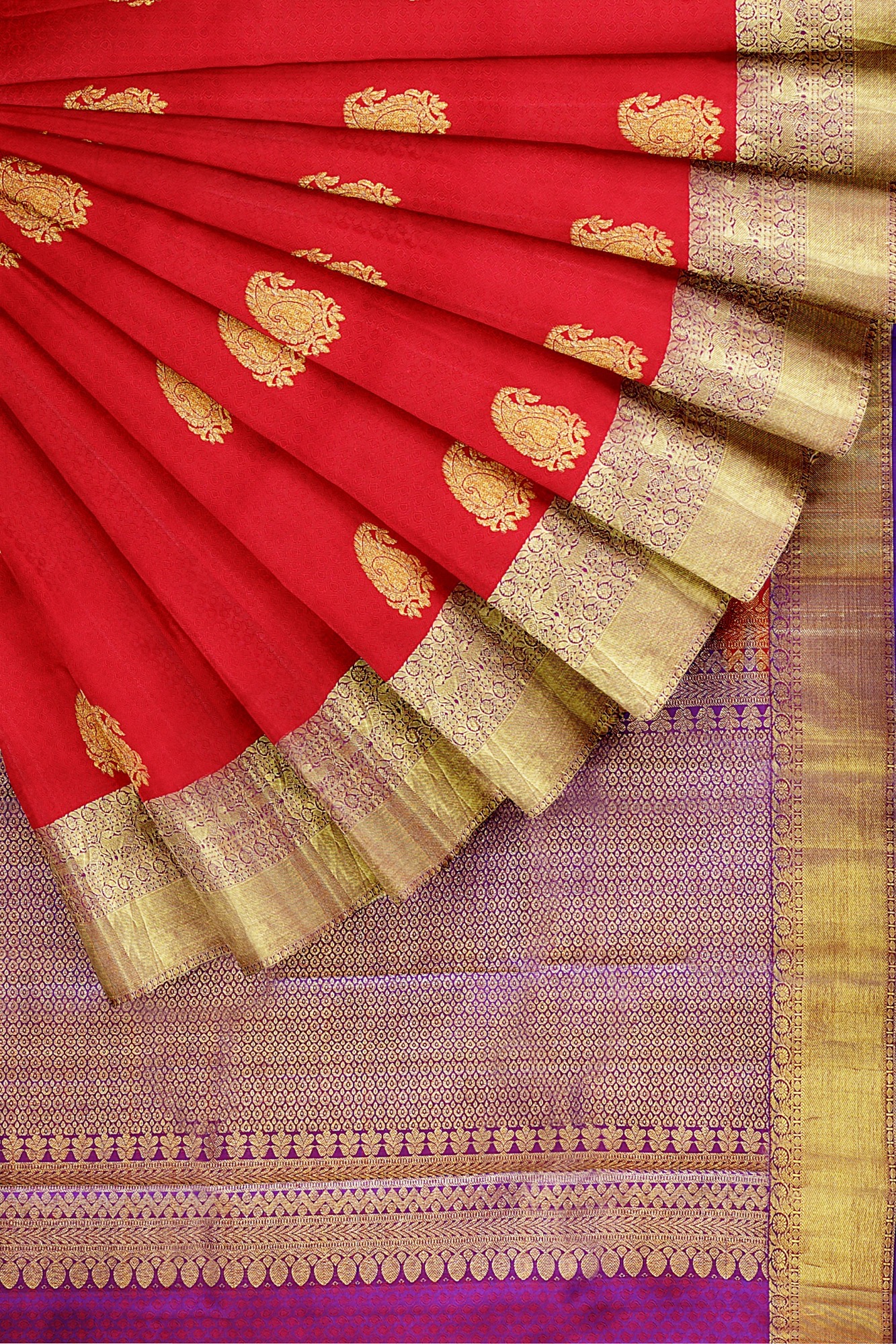 sri kumaran stores kanchipuram silk saree red saree with golden purple border 4