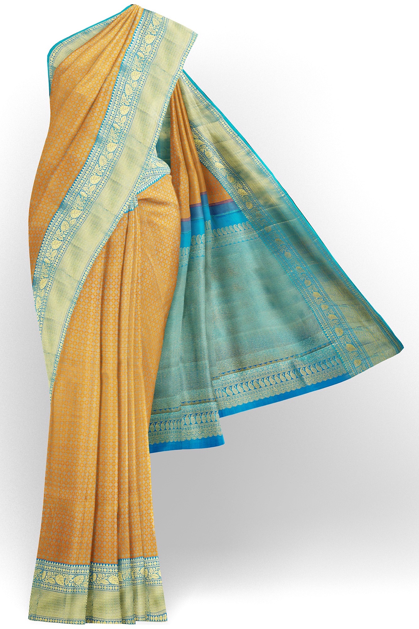 sri kumaran stores kanchipuram silk saree sandal brown saree with golden blue border 2