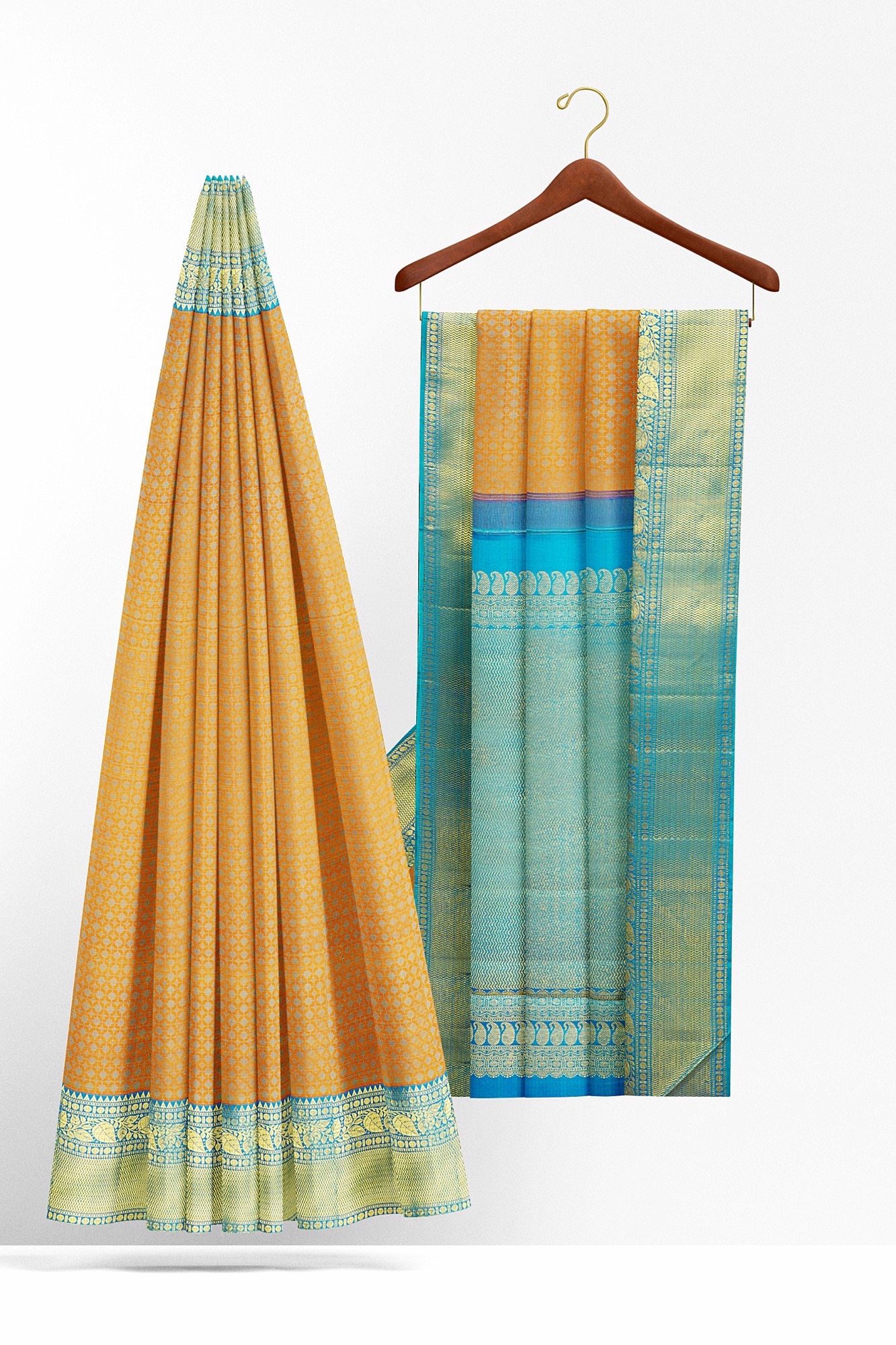 sri kumaran stores kanchipuram silk saree sandal brown saree with golden blue border 3