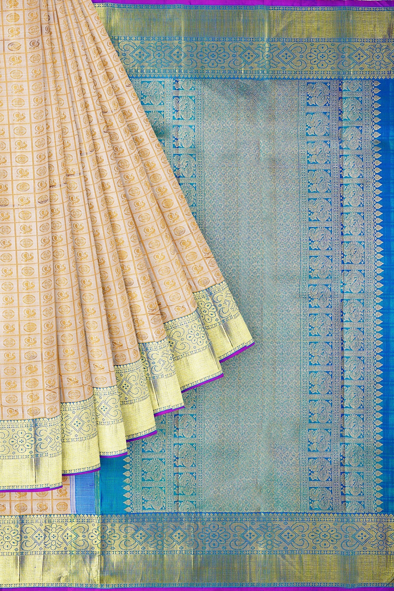 sri kumaran stores kanchipuram silk saree sandal white saree with golden blue border 1