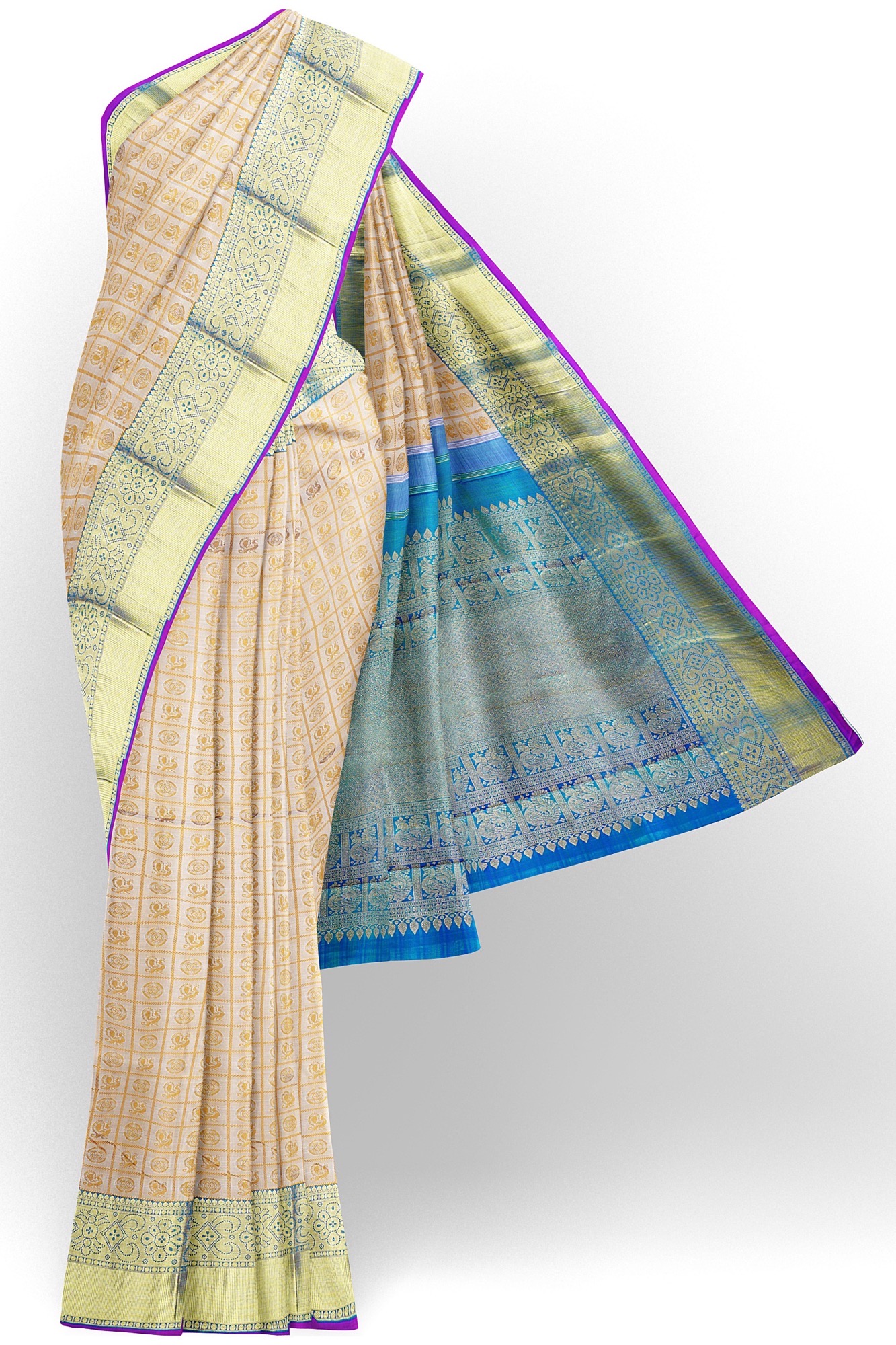 sri kumaran stores kanchipuram silk saree sandal white saree with golden blue border 2