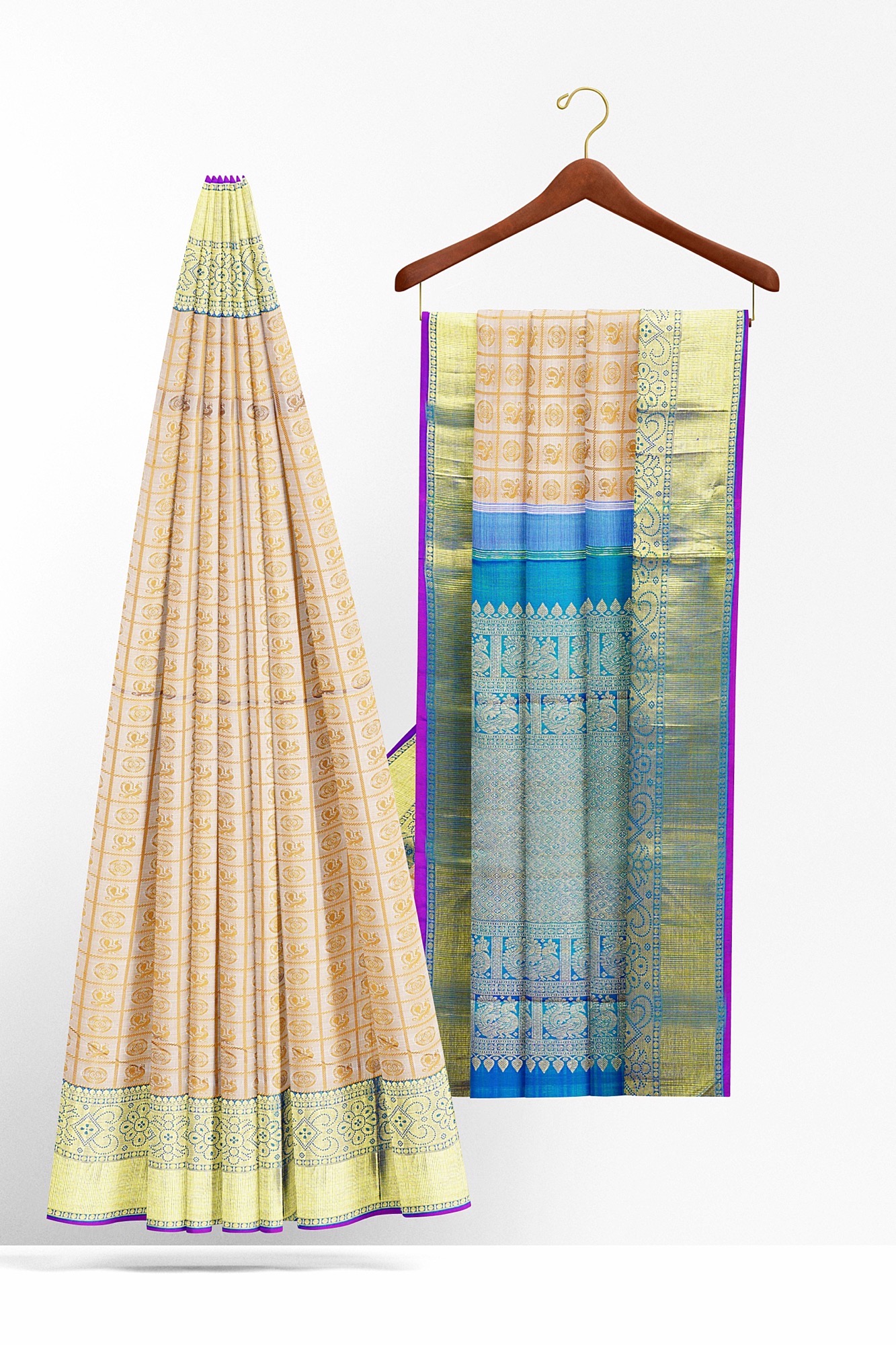 sri kumaran stores kanchipuram silk saree sandal white saree with golden blue border 3