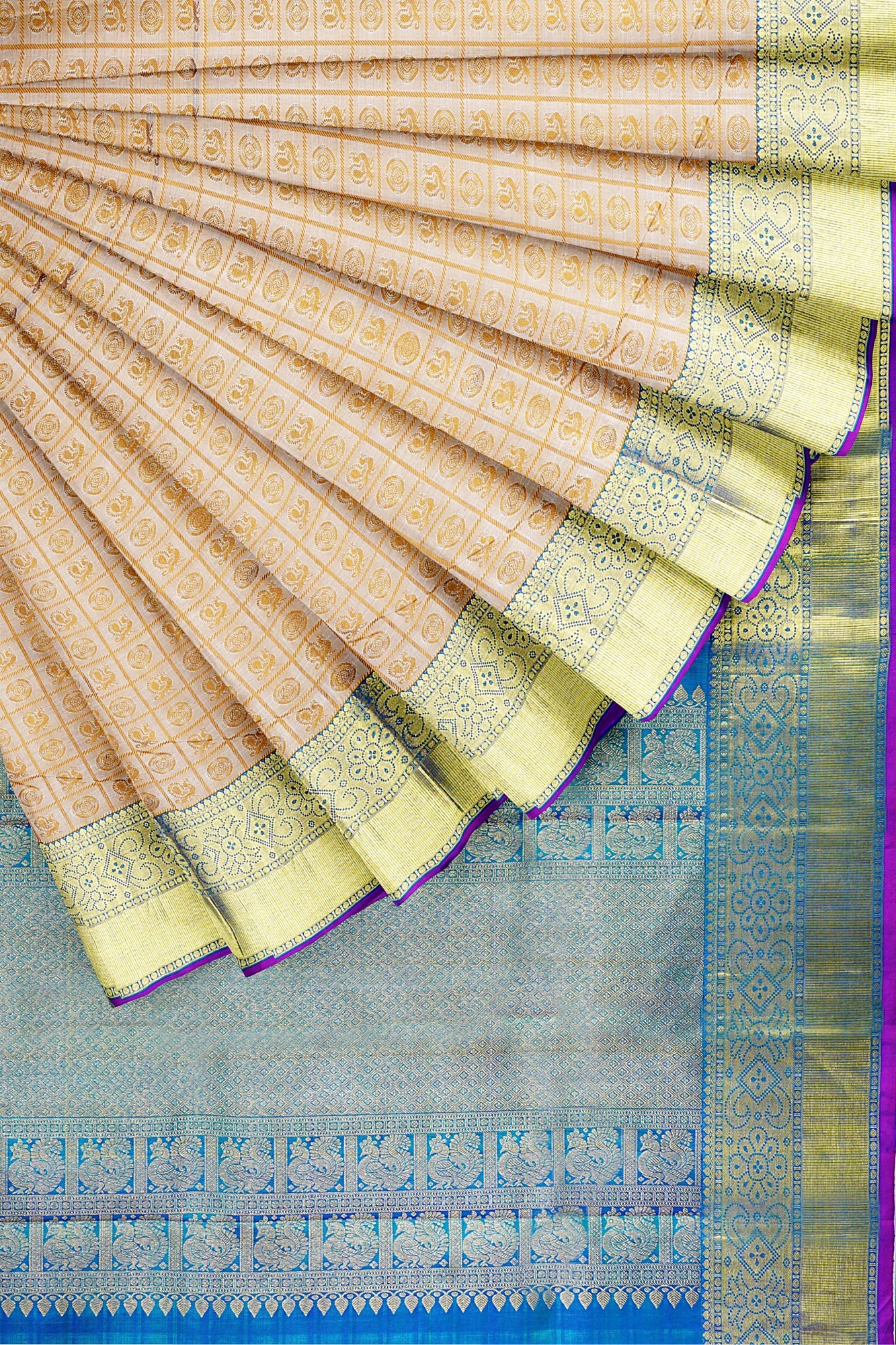 sri kumaran stores kanchipuram silk saree sandal white saree with golden blue border 4