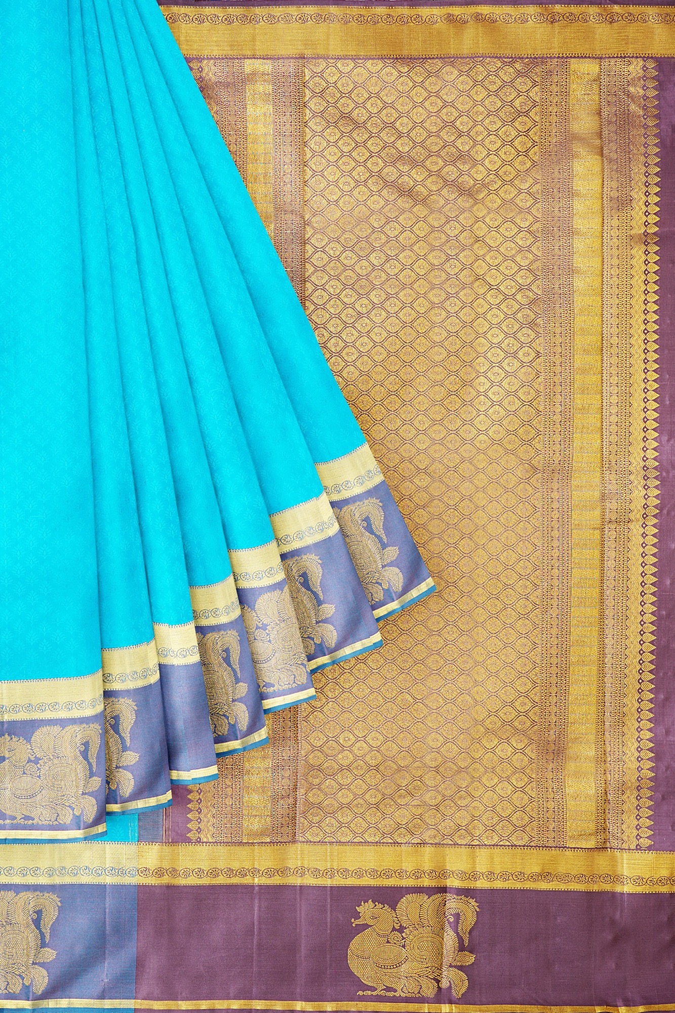 sri kumaran stores kanchipuram silk saree sky blue saree with golden blue border 1