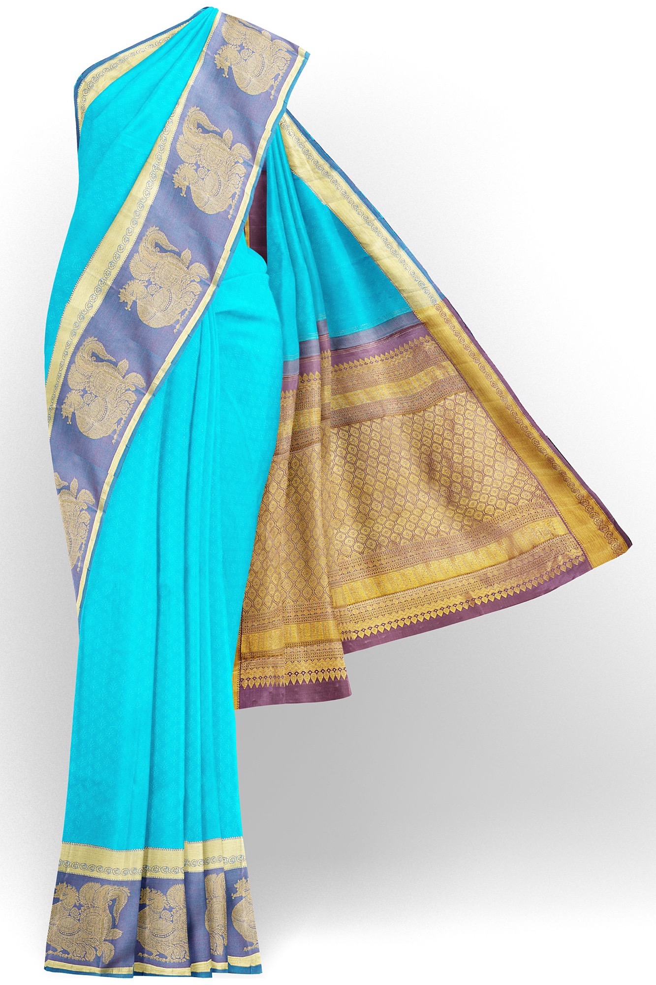 sri kumaran stores kanchipuram silk saree sky blue saree with golden blue border 2