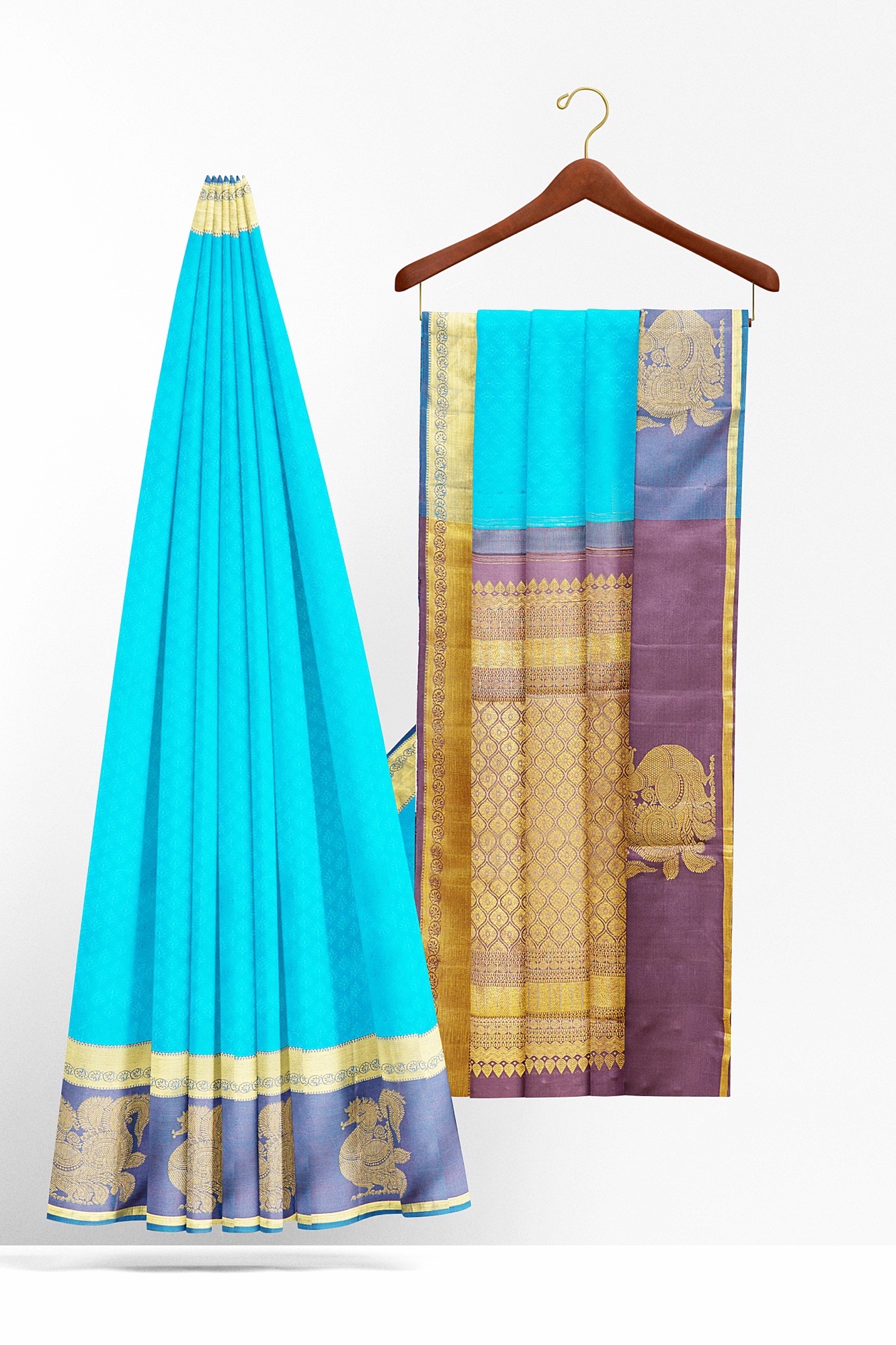 sri kumaran stores kanchipuram silk saree sky blue saree with golden blue border 3