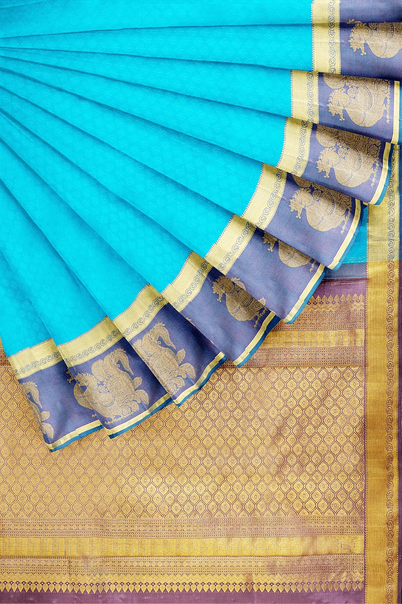 sri kumaran stores kanchipuram silk saree sky blue saree with golden blue border 4