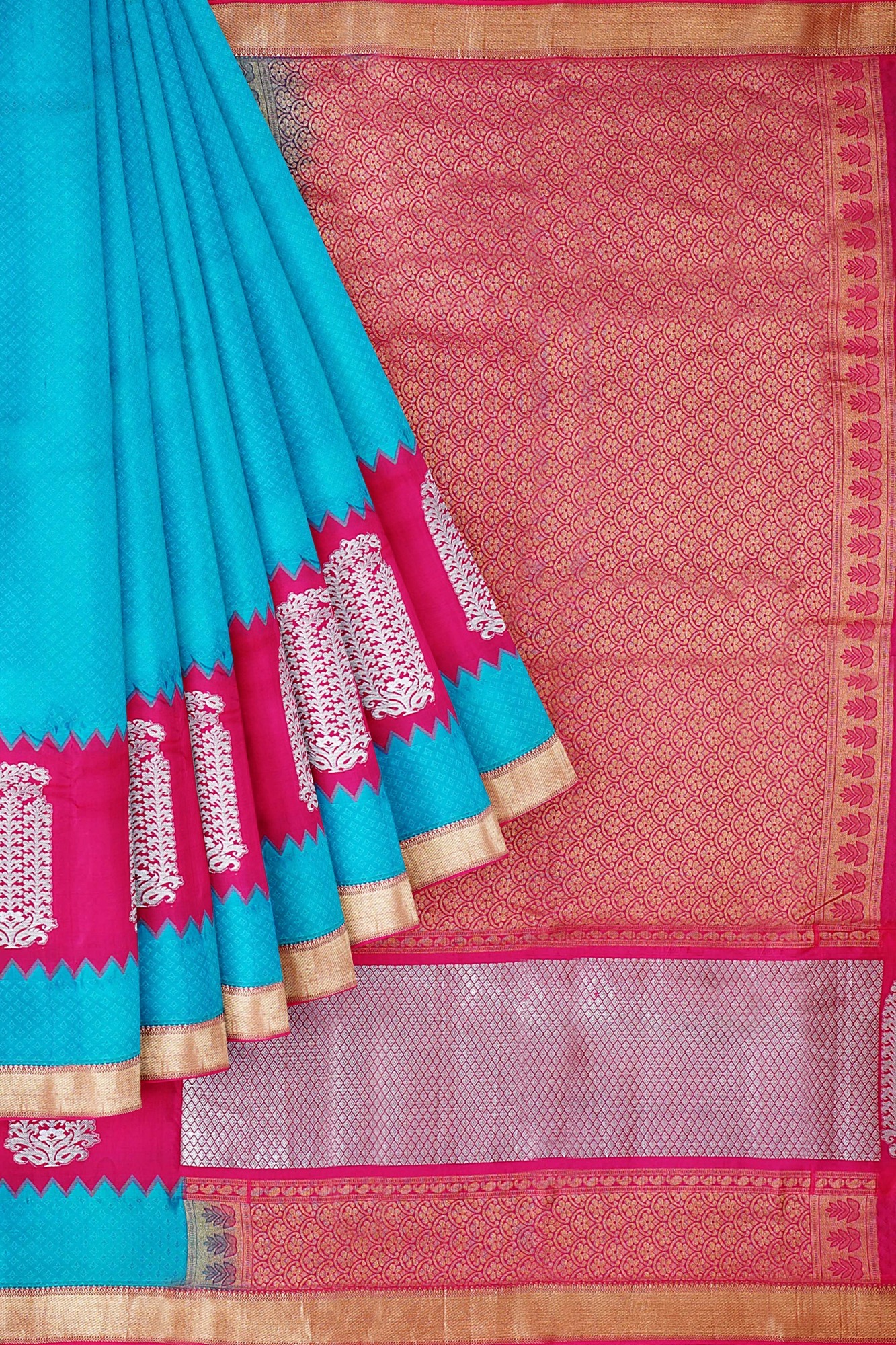 sri kumaran stores kanchipuram silk saree sky blue saree with golden border 1