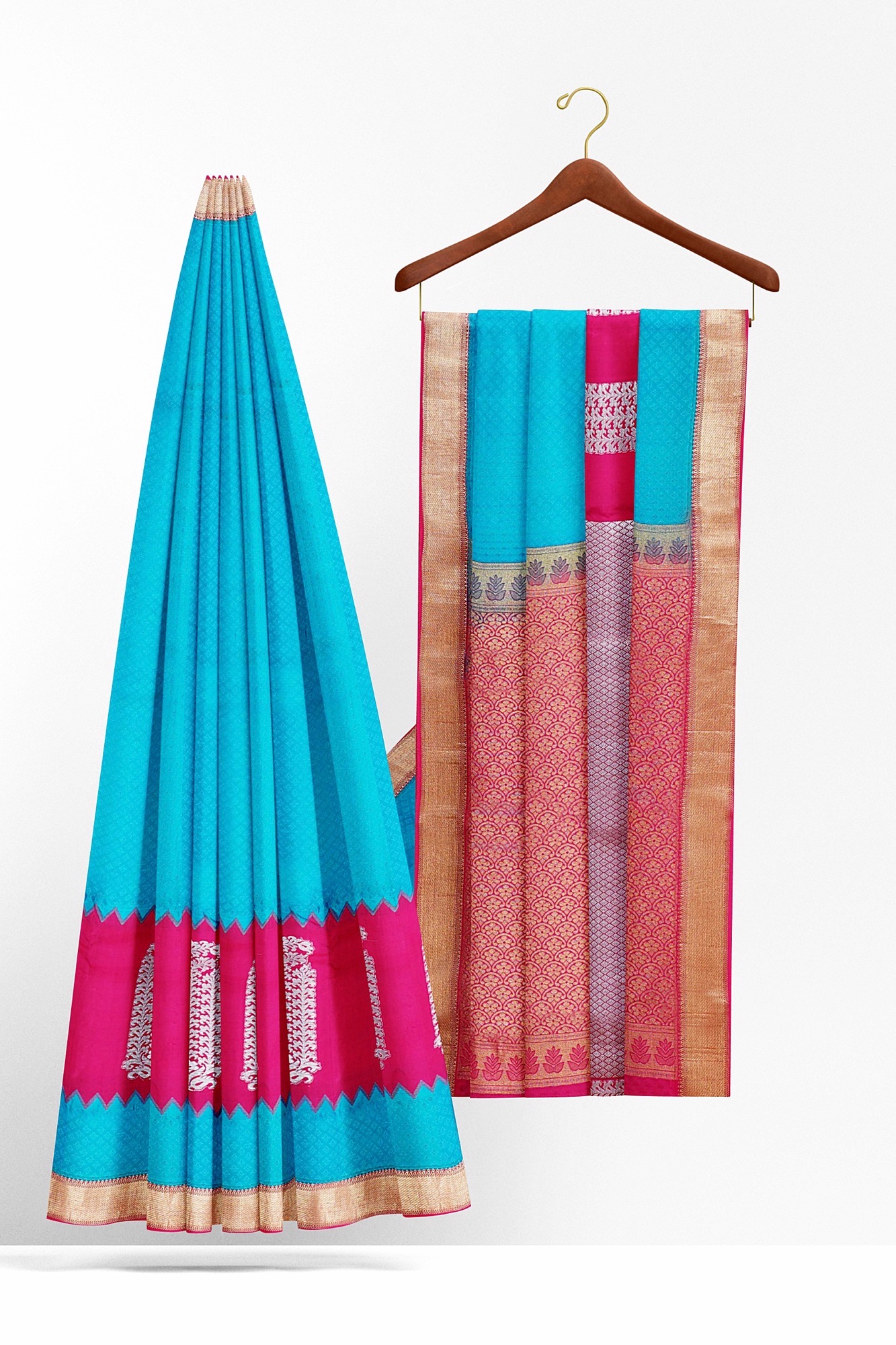 sri kumaran stores kanchipuram silk saree sky blue saree with golden border 3