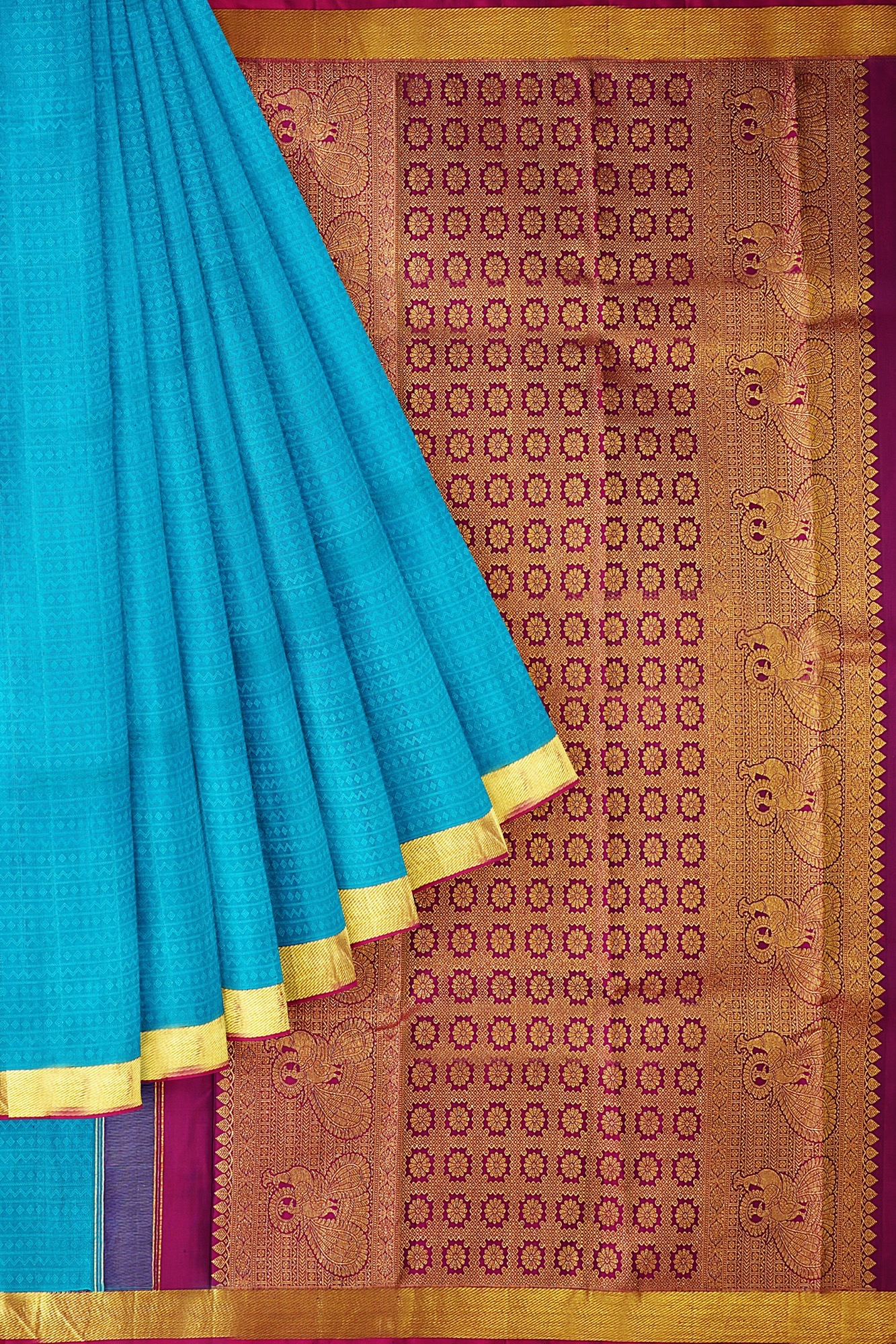 sri kumaran stores kanchipuram silk saree sky blue saree with golden border 1 1