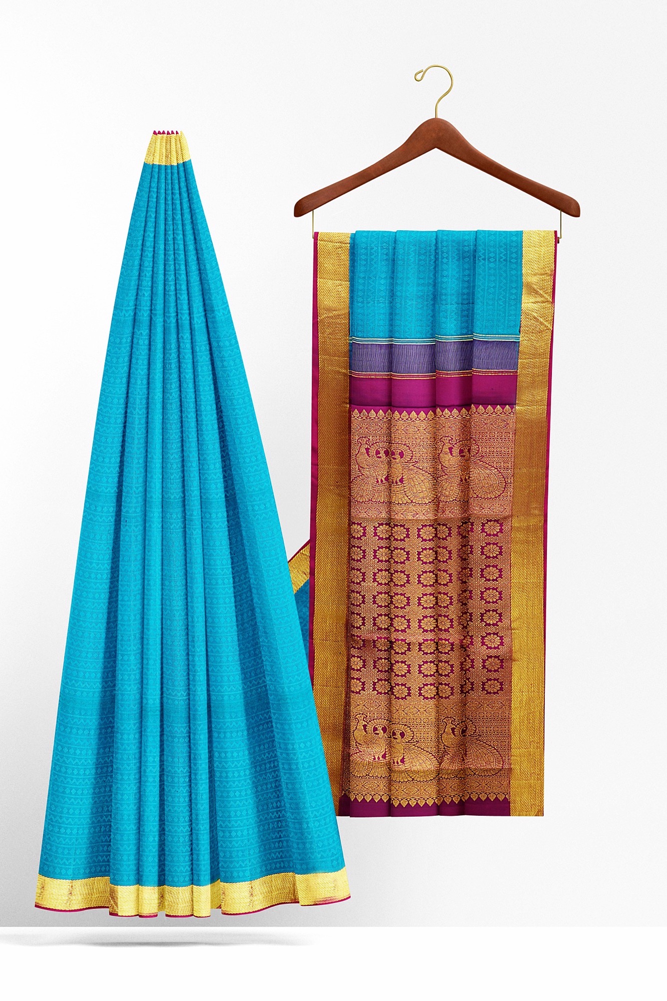 sri kumaran stores kanchipuram silk saree sky blue saree with golden border 1 3