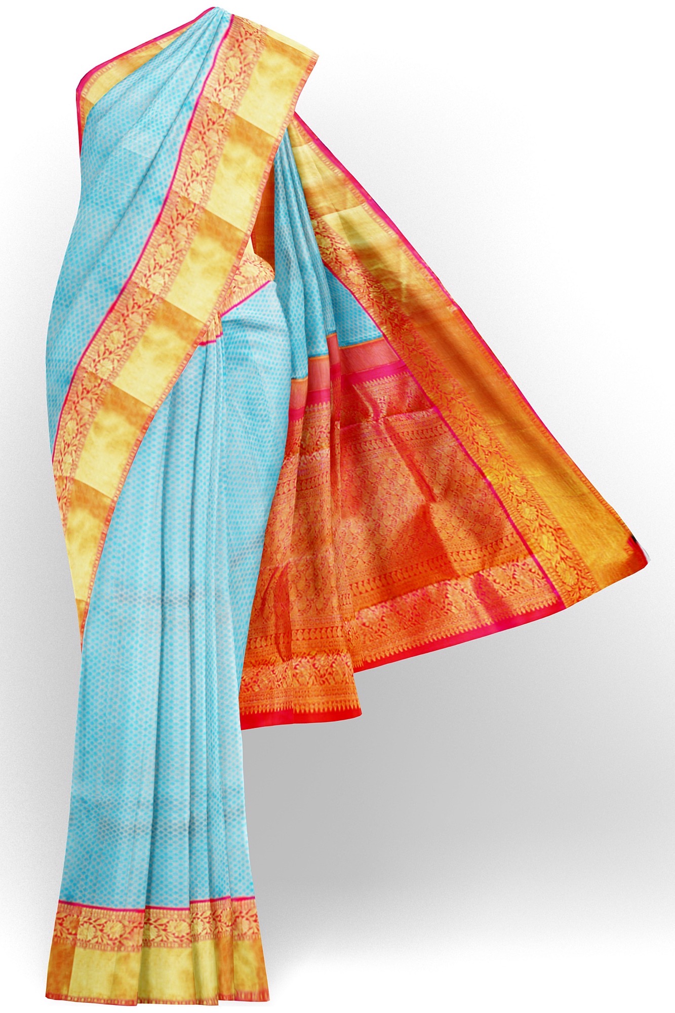 sri kumaran stores kanchipuram silk saree sky blue saree with golden red border 2