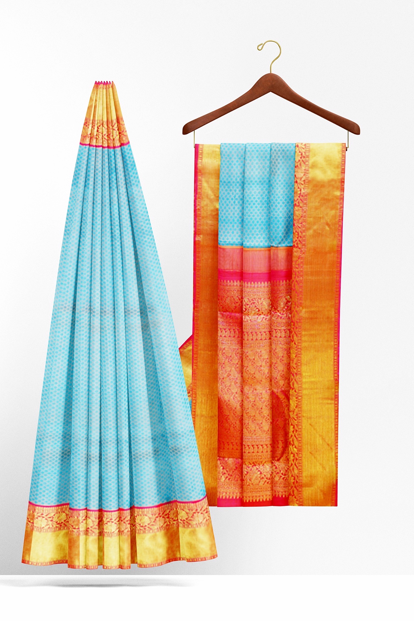 sri kumaran stores kanchipuram silk saree sky blue saree with golden red border 3