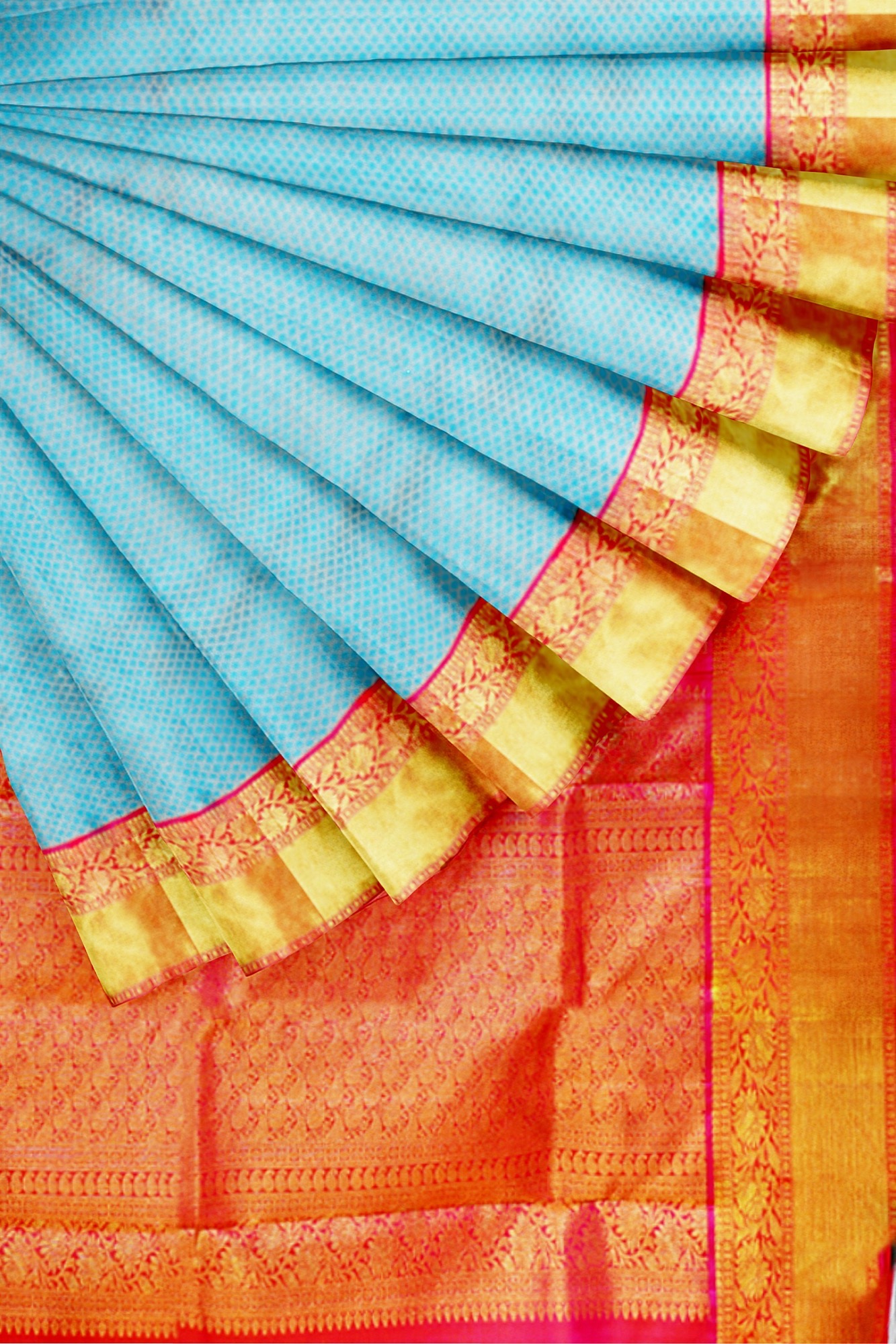 sri kumaran stores kanchipuram silk saree sky blue saree with golden red border 4
